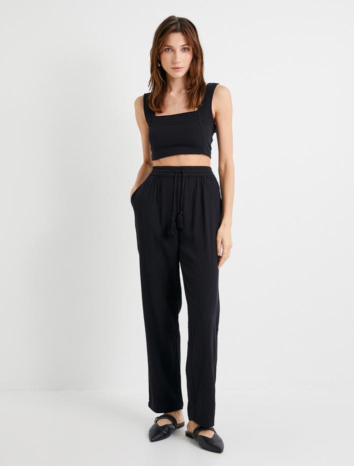  Müslin Pantolon Beli Bağlamalı Cepli Pamuklu Normal Bel