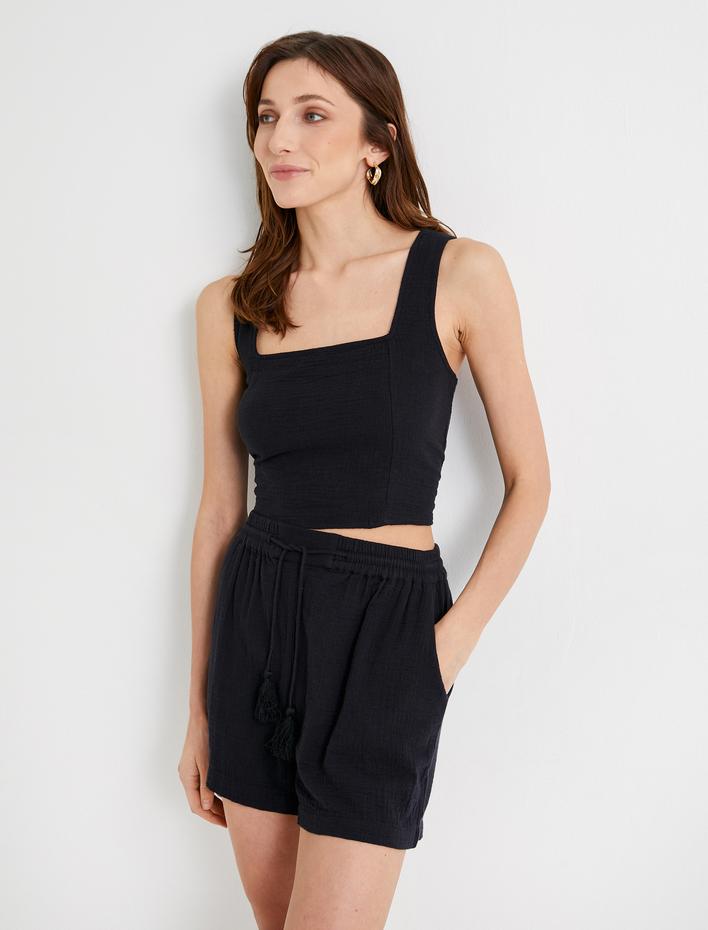  Müslin Şort Beli Bağcıklı Cep Detaylı Pamuklu