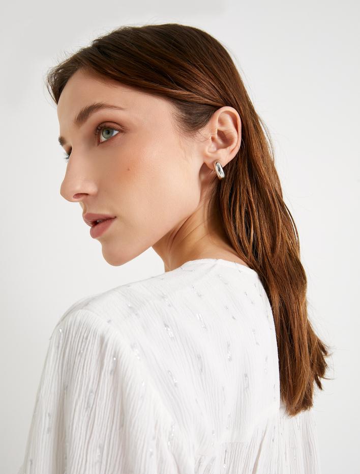  Oversize Gömlek Balon Kollu Hakim Yaka Metalik İpli