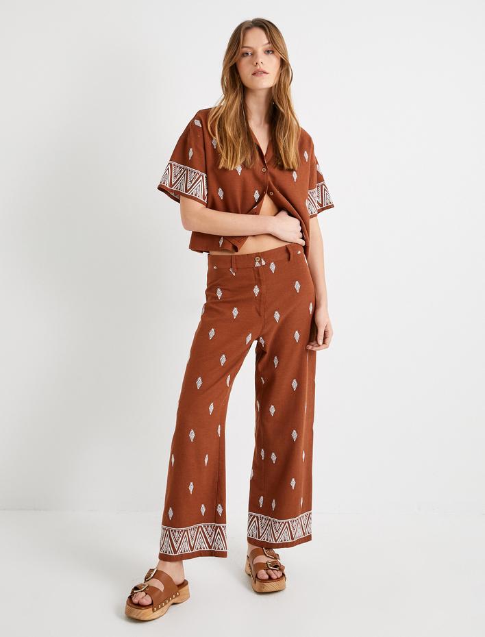  Crop Gömlek Etnik Desenli Kısa Kollu Düğmeli