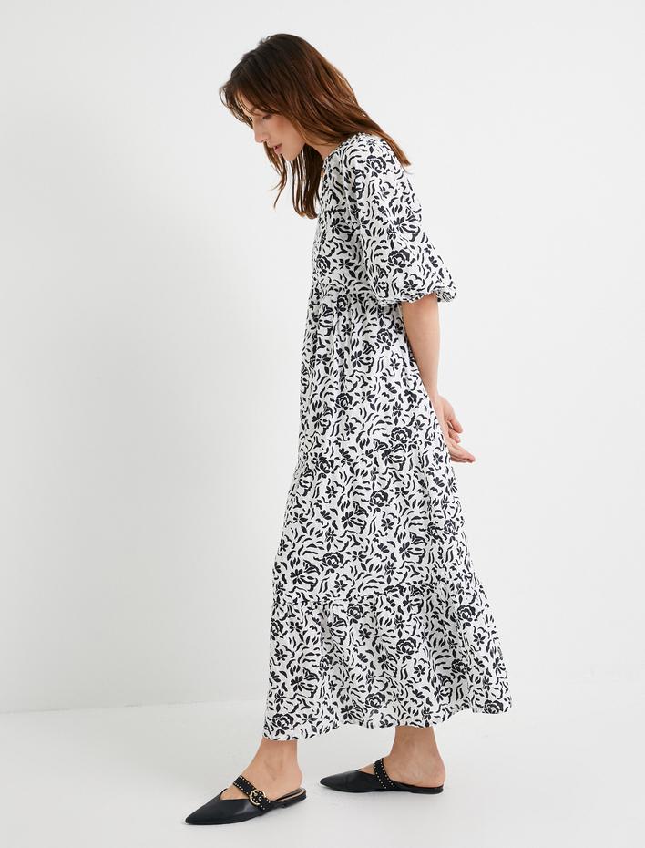  Midi Çiçekli Elbise Balon Kol V Yaka Volanlı Pamuklu