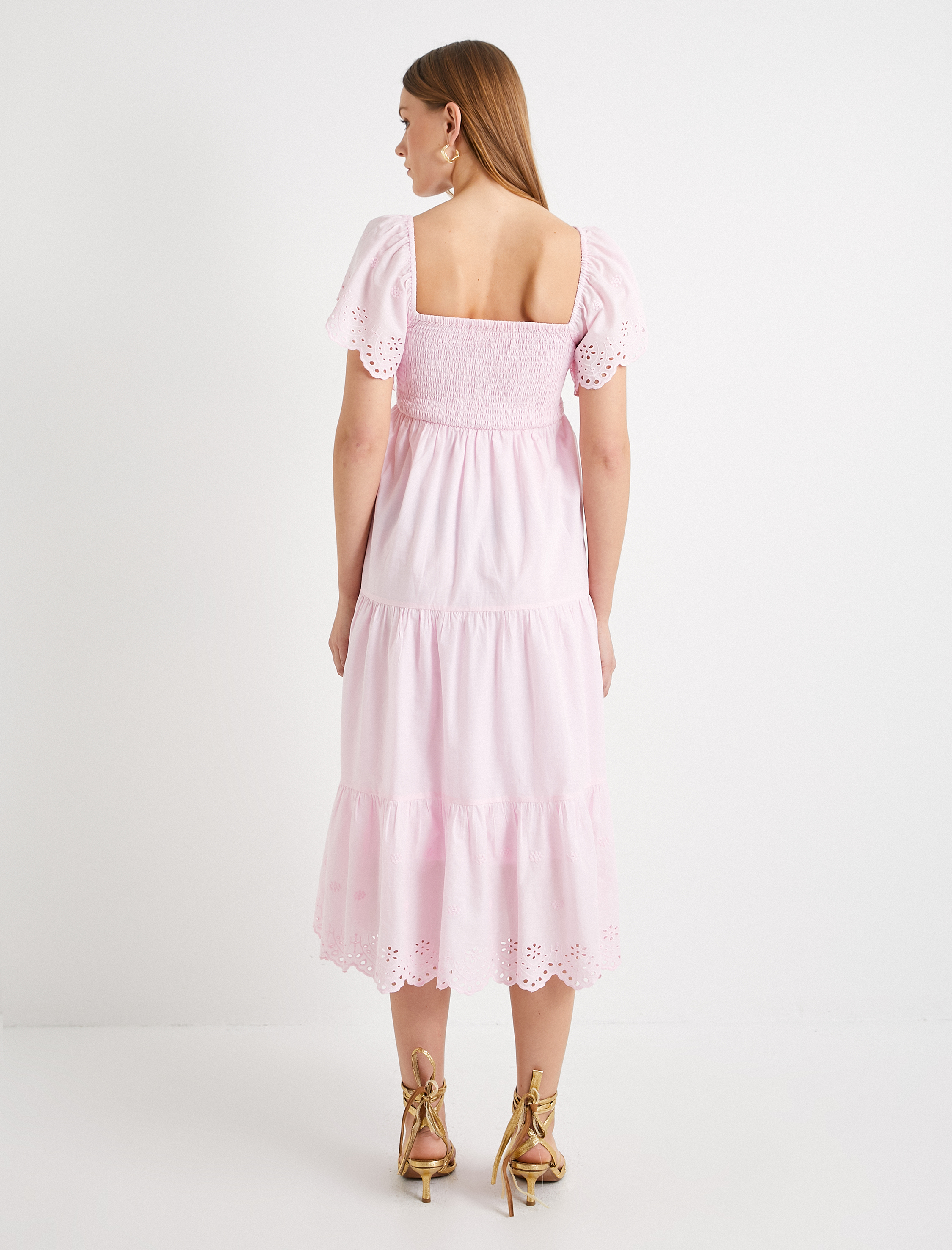   Midi Boy Fırfırlı Elbise Fisto İşlemeli Kare Yaka Gipeli Pamuklu