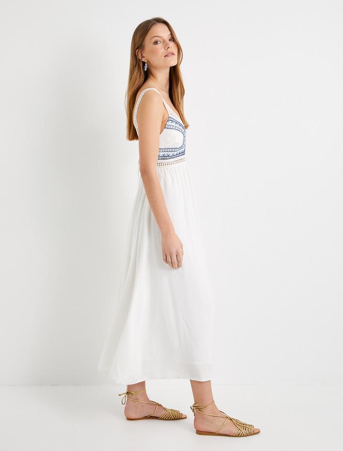  Midi Elbise Askılı Kalp Yaka Kroşe Detaylı Viskon Karışımlı