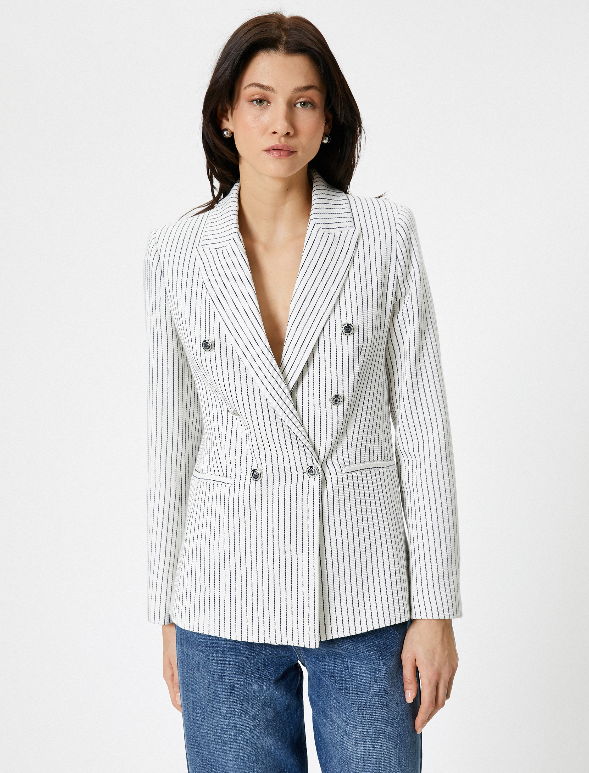   Blazer Ceket Kruvaze Düğmeli Fleto Cepli Pamuklu