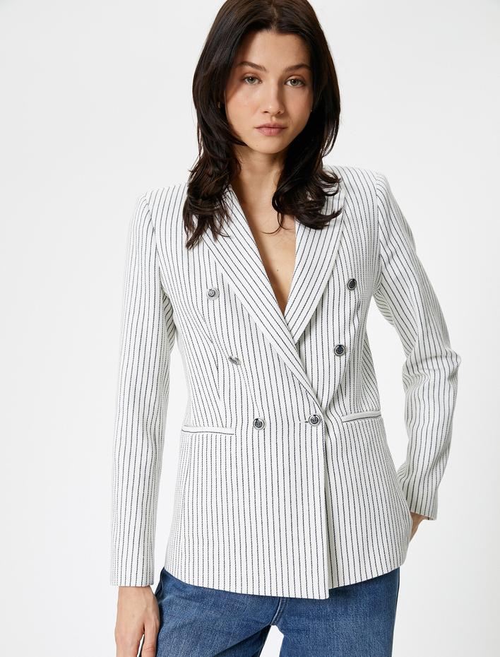  Blazer Ceket Kruvaze Düğmeli Fleto Cepli Pamuklu