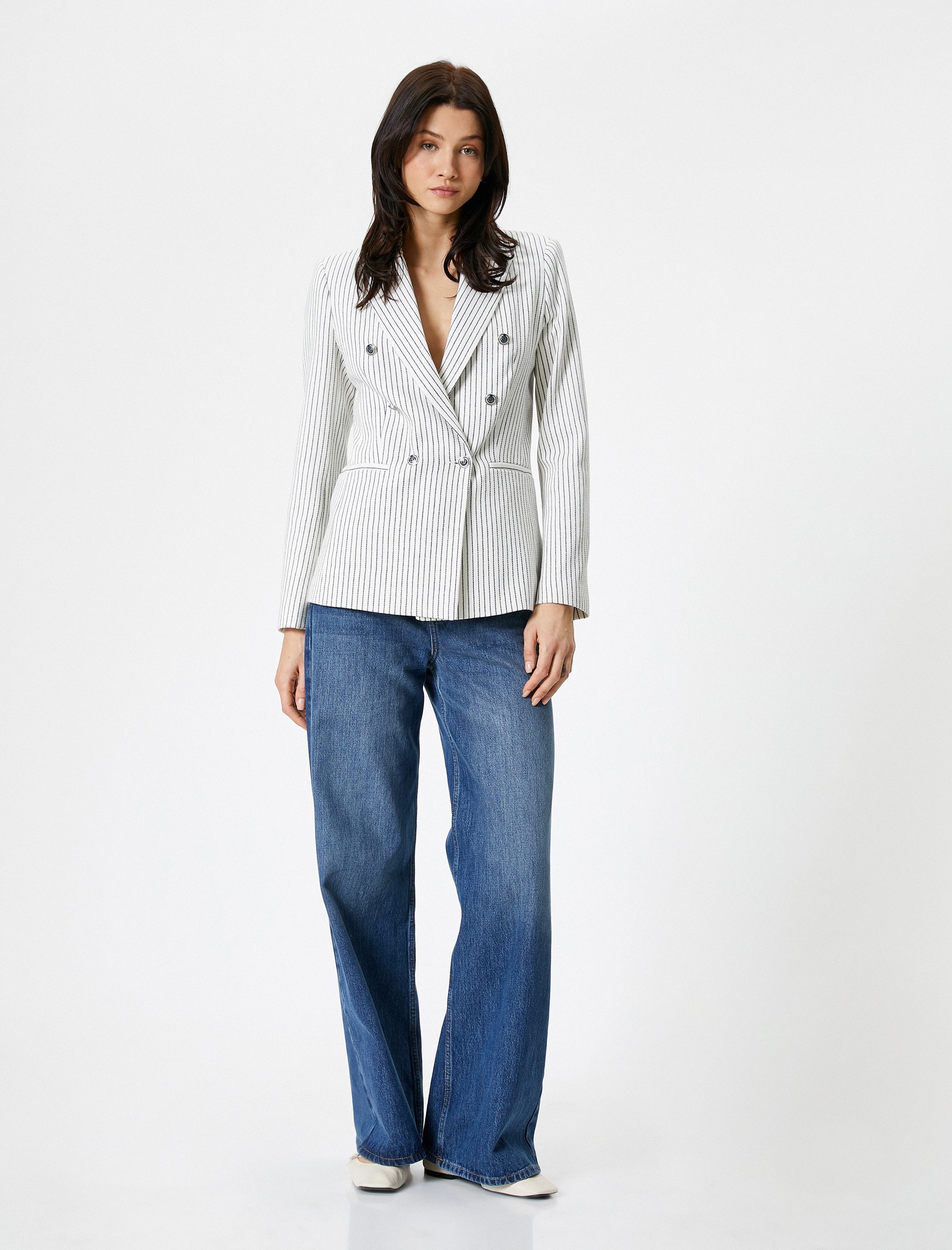   Blazer Ceket Kruvaze Düğmeli Fleto Cepli Pamuklu