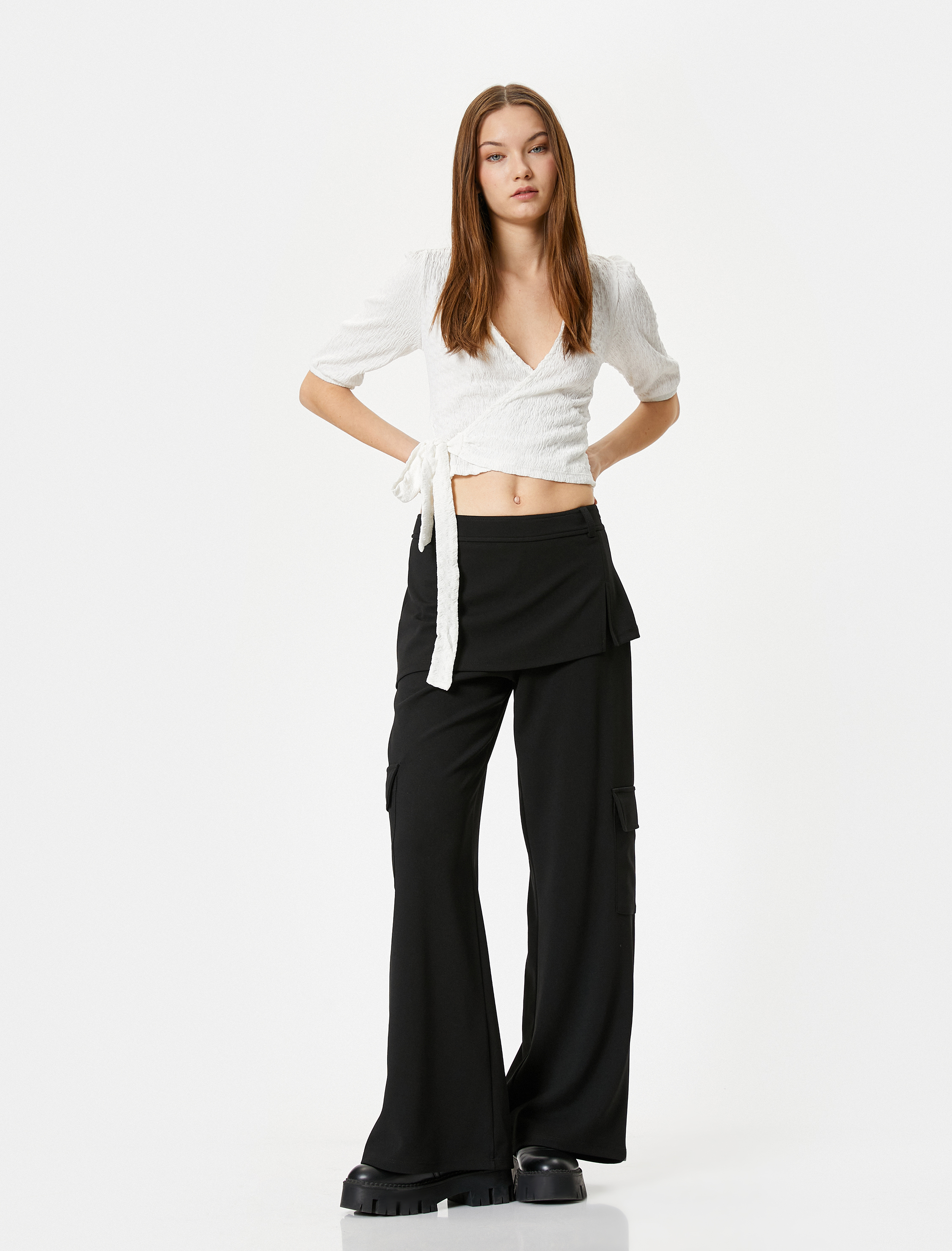 Kruvaze Balon Kol Crop Tişört Önden Bağlamalı Dokulu Bürümcük