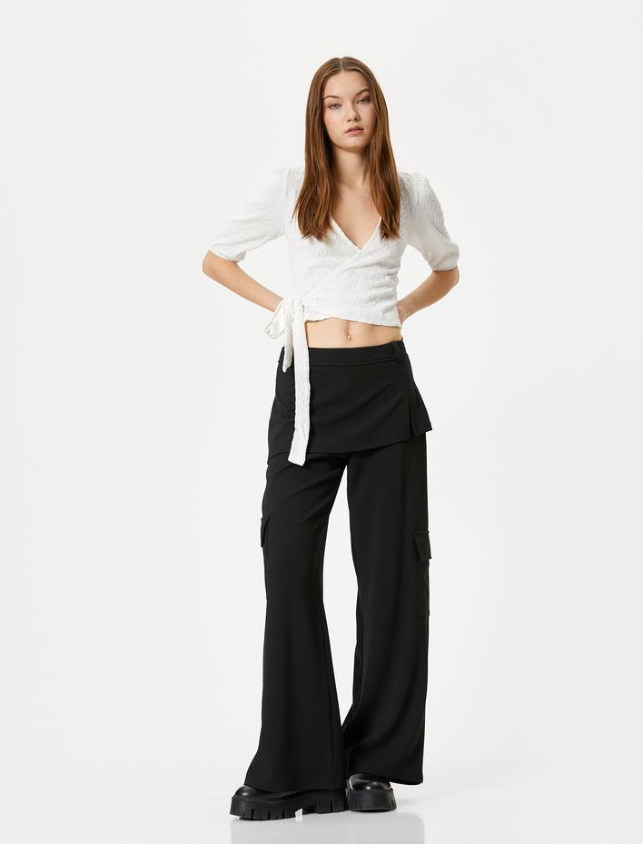  Kruvaze Balon Kol Crop Tişört Önden Bağlamalı Dokulu Bürümcük