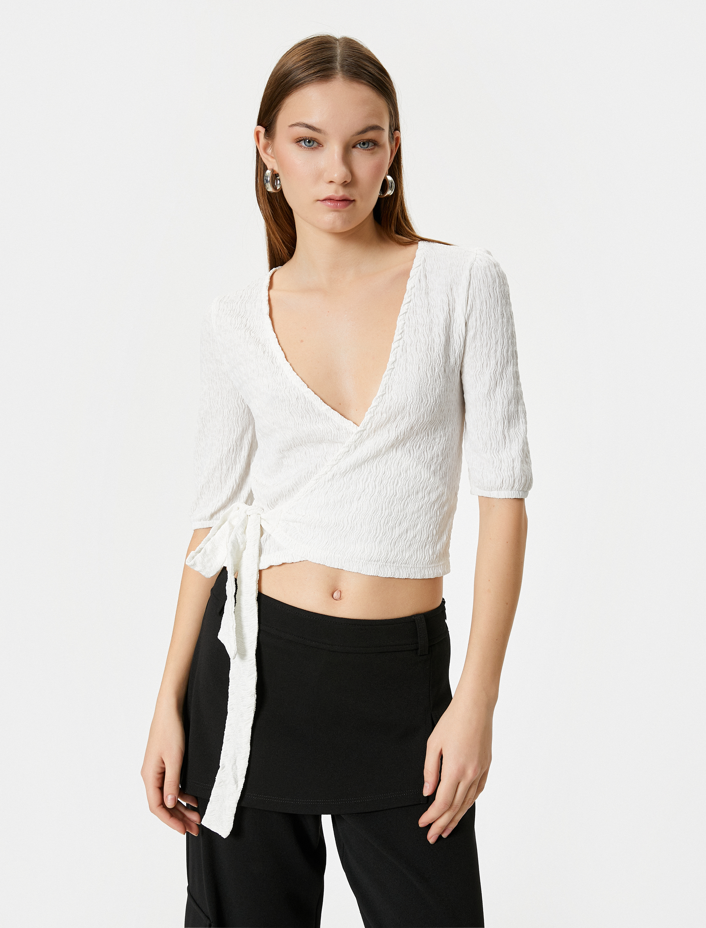 Kruvaze Balon Kol Crop Tişört Önden Bağlamalı Dokulu Bürümcük