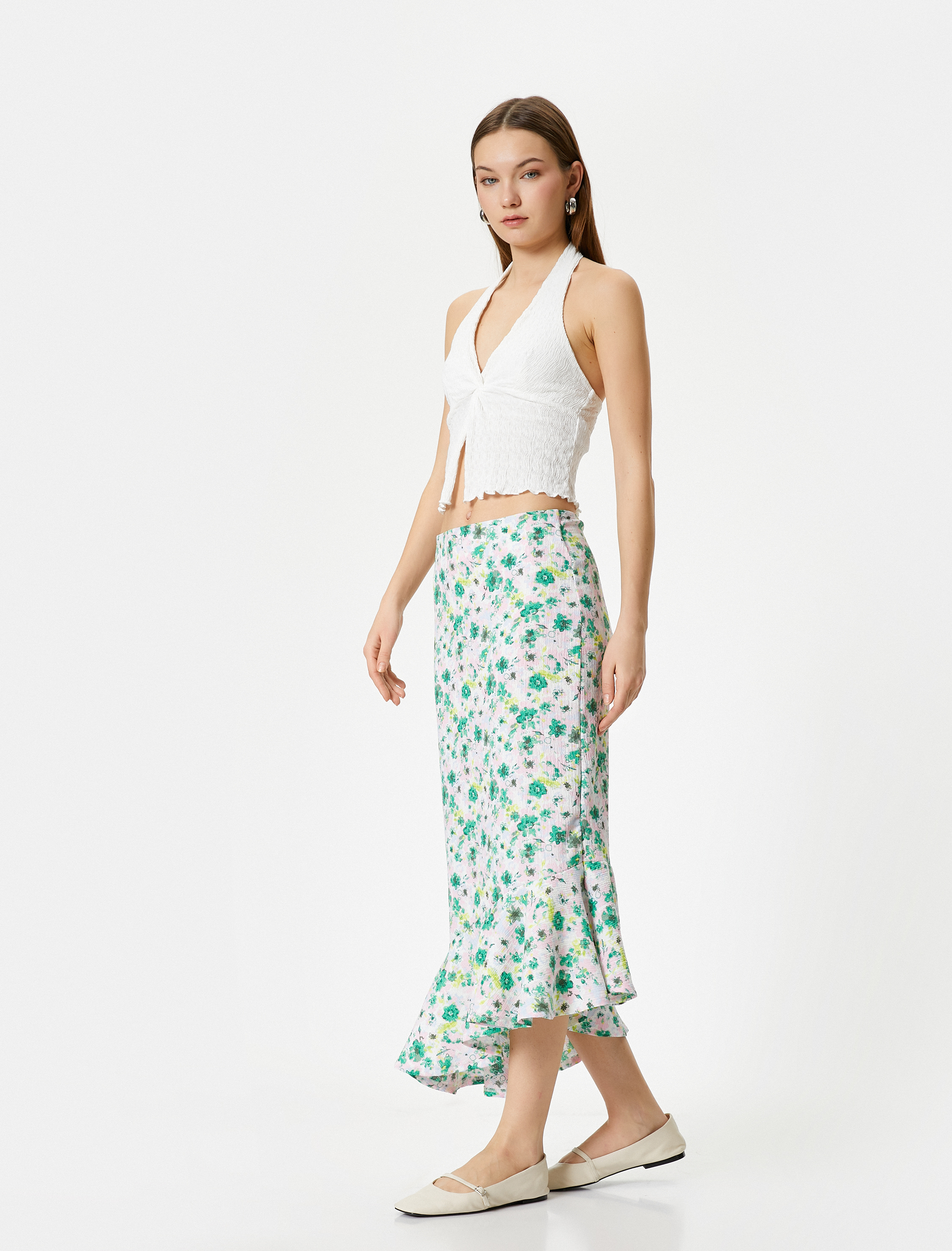   Çiçekli Uzun Etek Asimetrik Fırfırlı Yüksek Bel Bürümcük