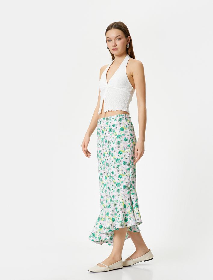  Çiçekli Uzun Etek Asimetrik Fırfırlı Yüksek Bel Bürümcük