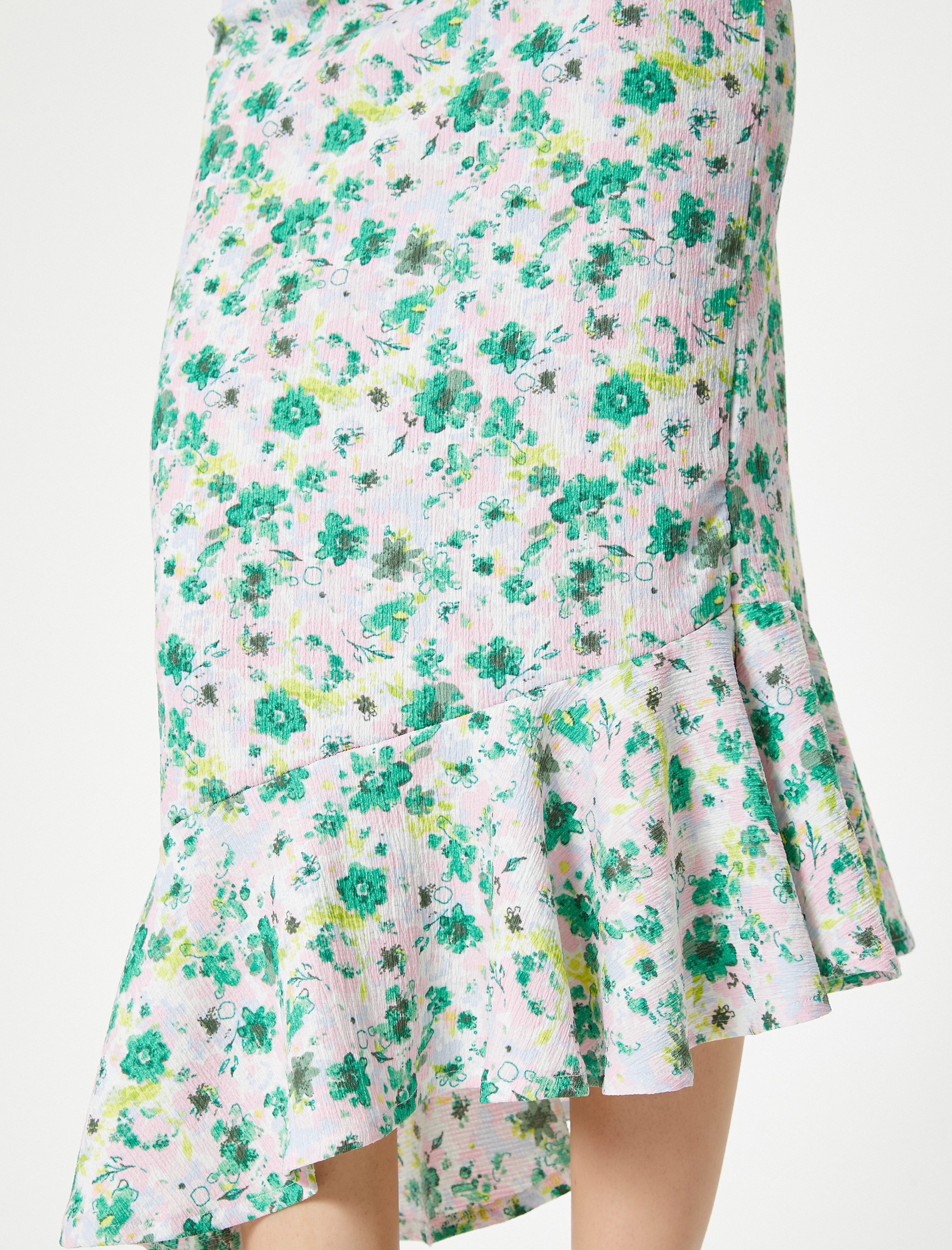   Çiçekli Uzun Etek Asimetrik Fırfırlı Yüksek Bel Bürümcük