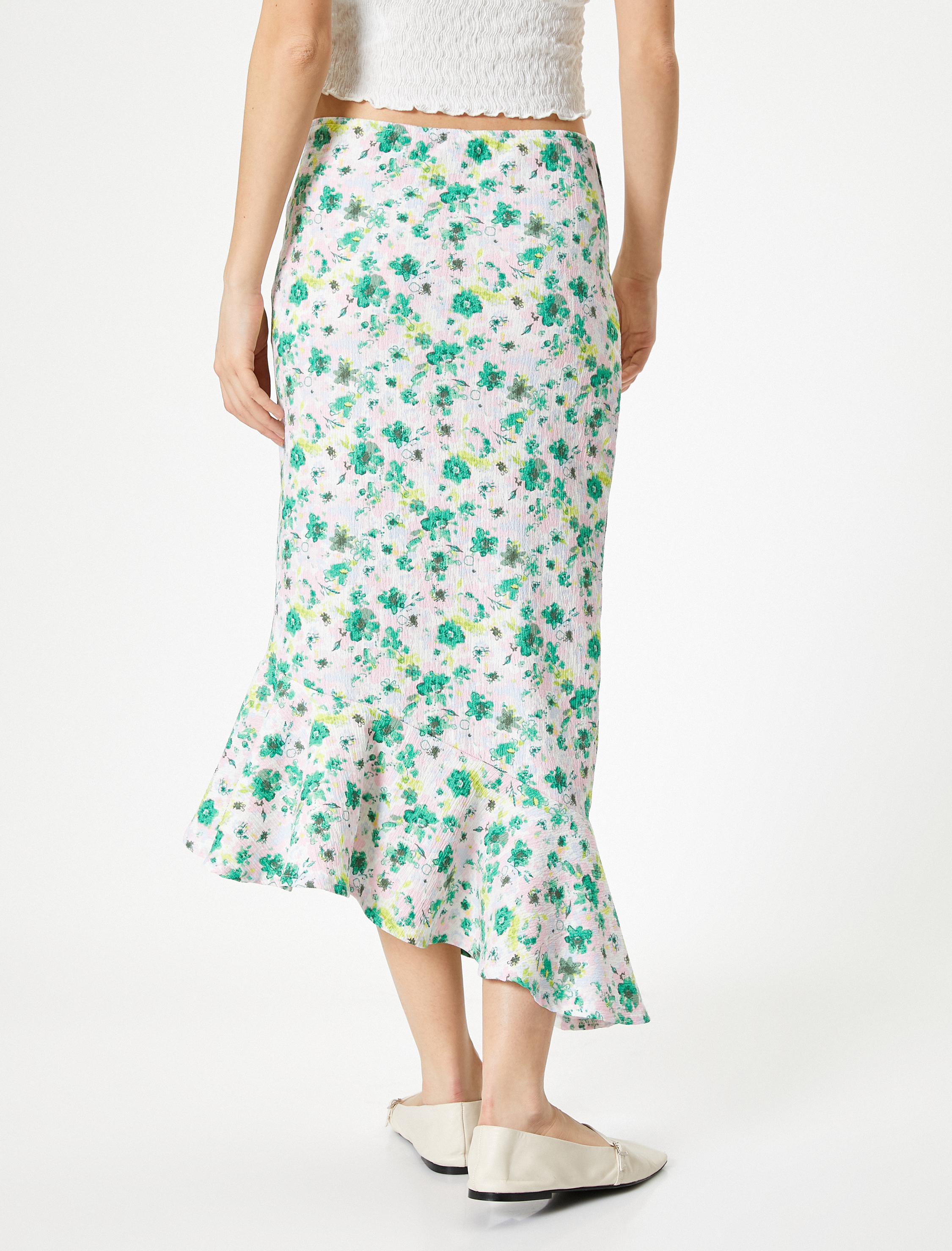   Çiçekli Uzun Etek Asimetrik Fırfırlı Yüksek Bel Bürümcük