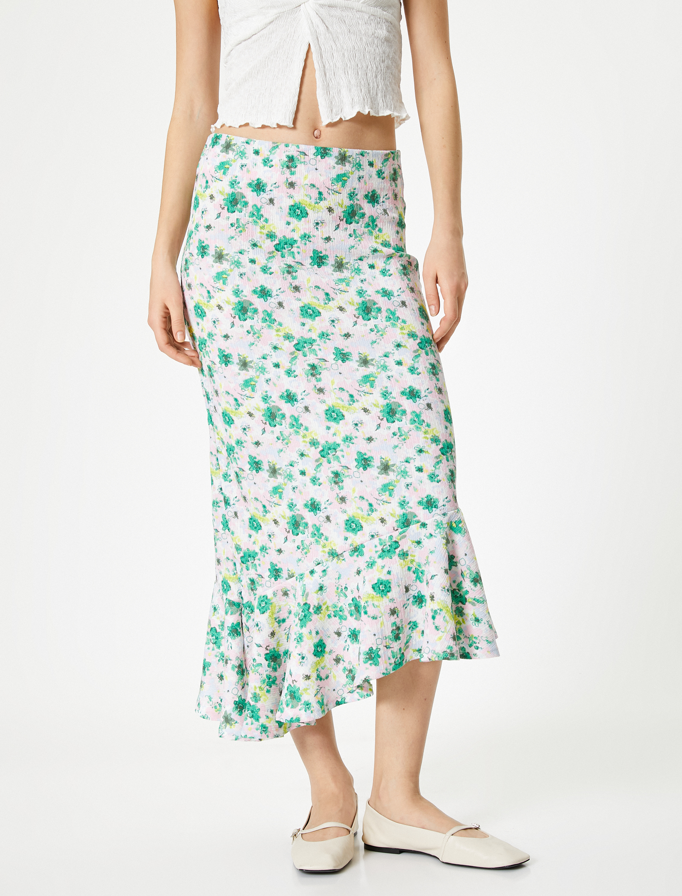   Çiçekli Uzun Etek Asimetrik Fırfırlı Yüksek Bel Bürümcük