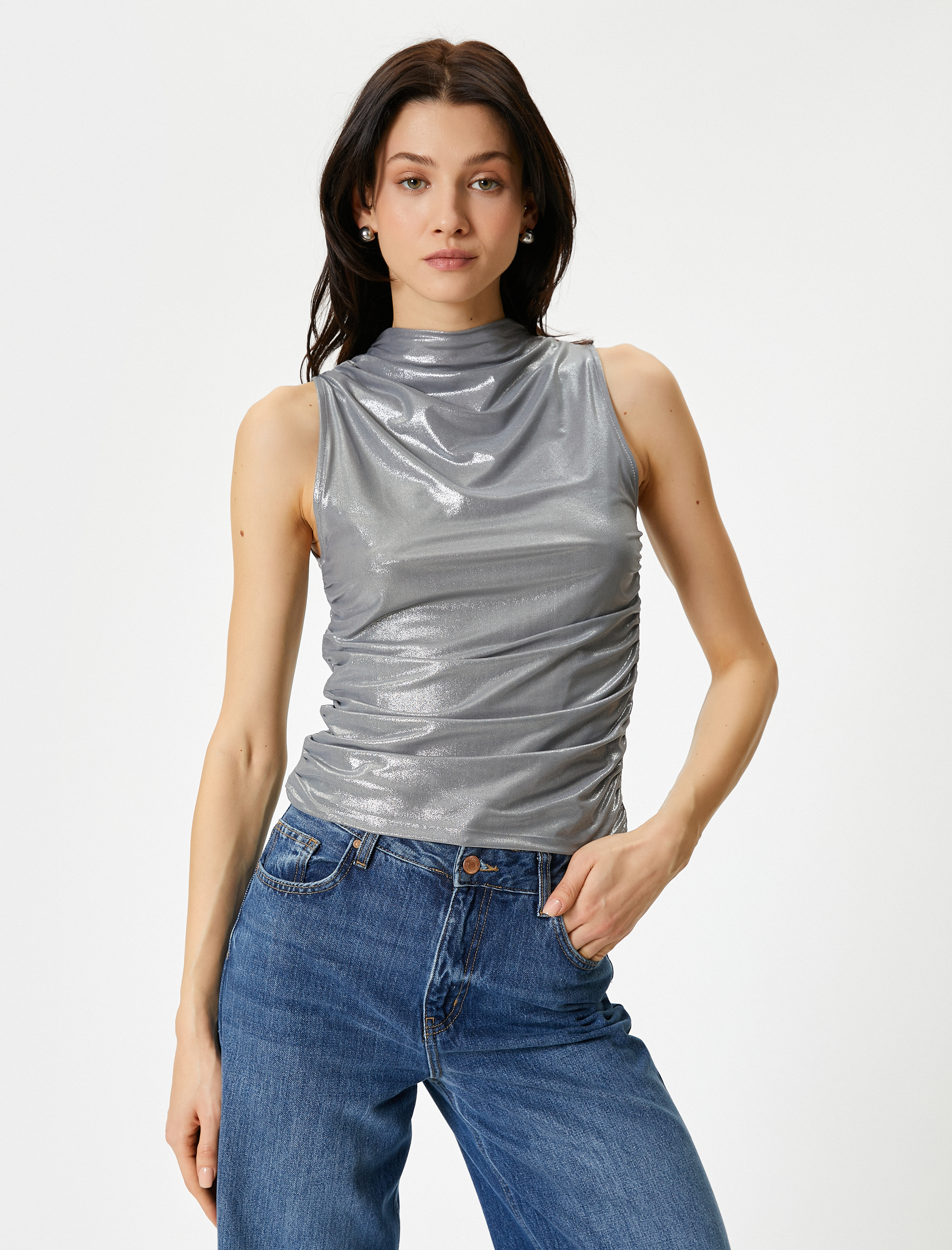   Metalik Bluz Drapeli Kolsuz Dik Yaka