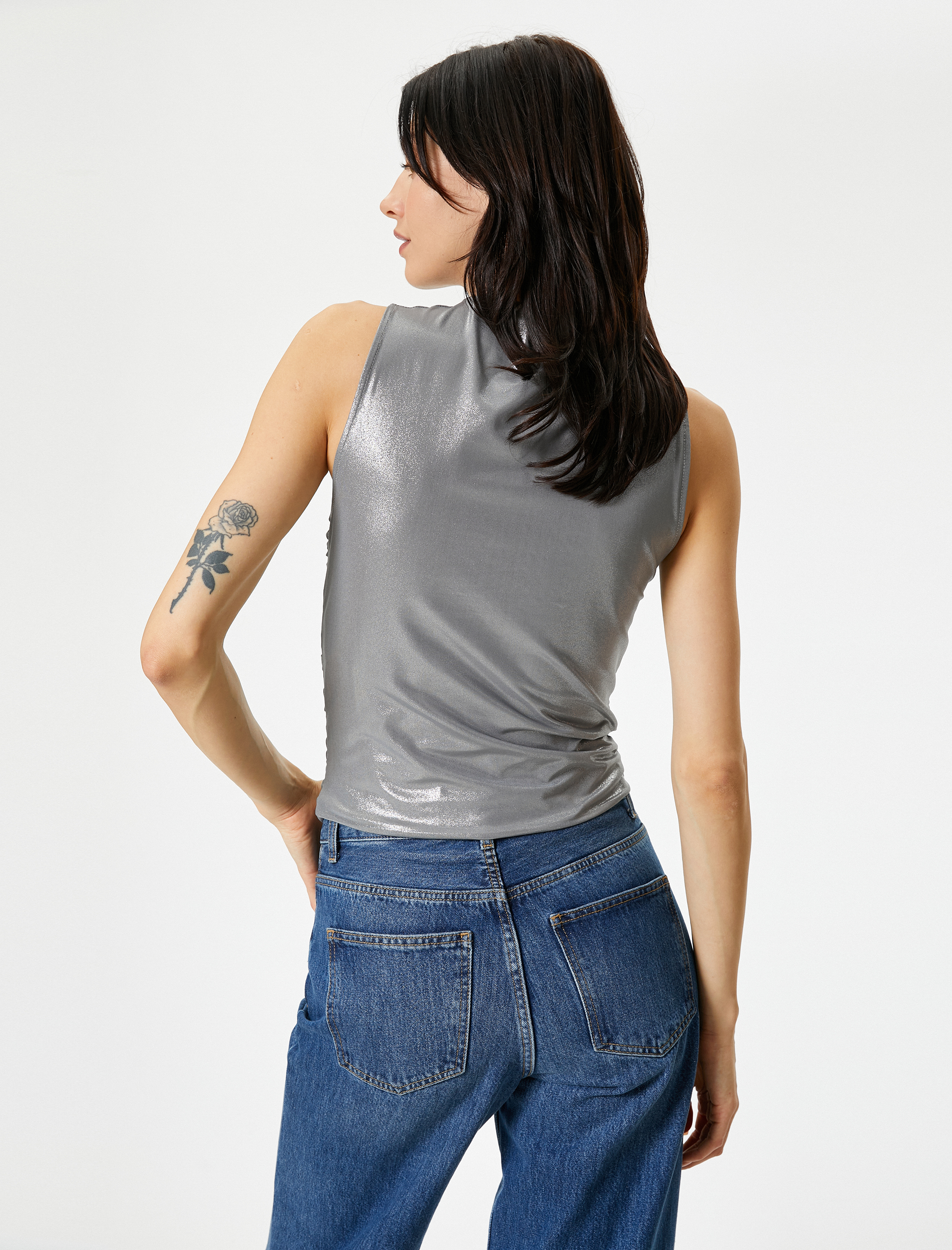   Metalik Bluz Drapeli Kolsuz Dik Yaka