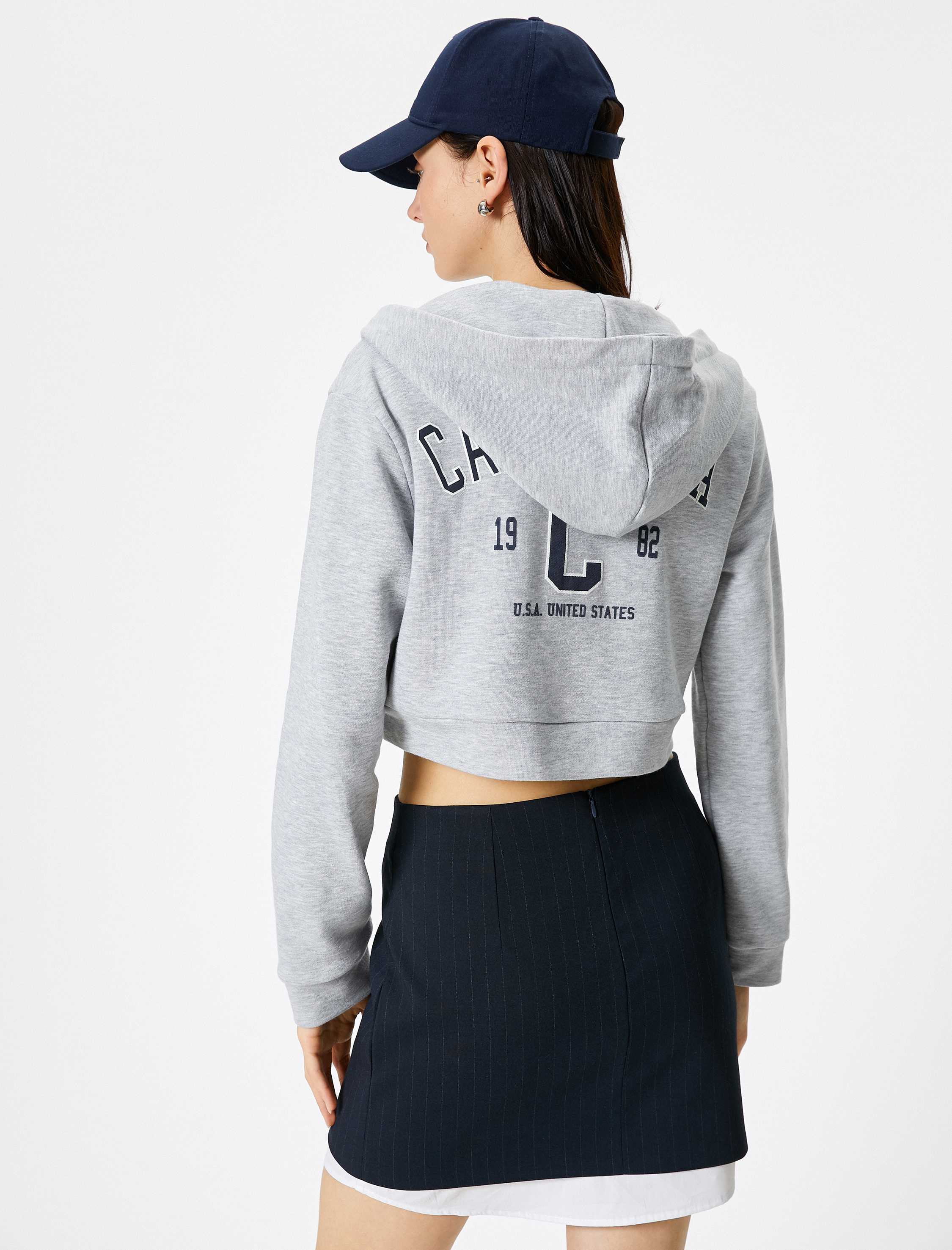   Crop Hırka Fermuarlı Kapüşonlu Cepli Üç İplik Şardonlu