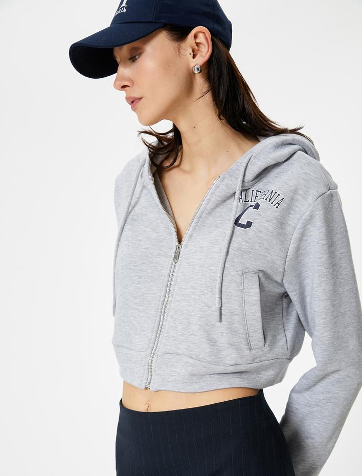  Crop Hırka Fermuarlı Kapüşonlu Cepli Üç İplik Şardonlu