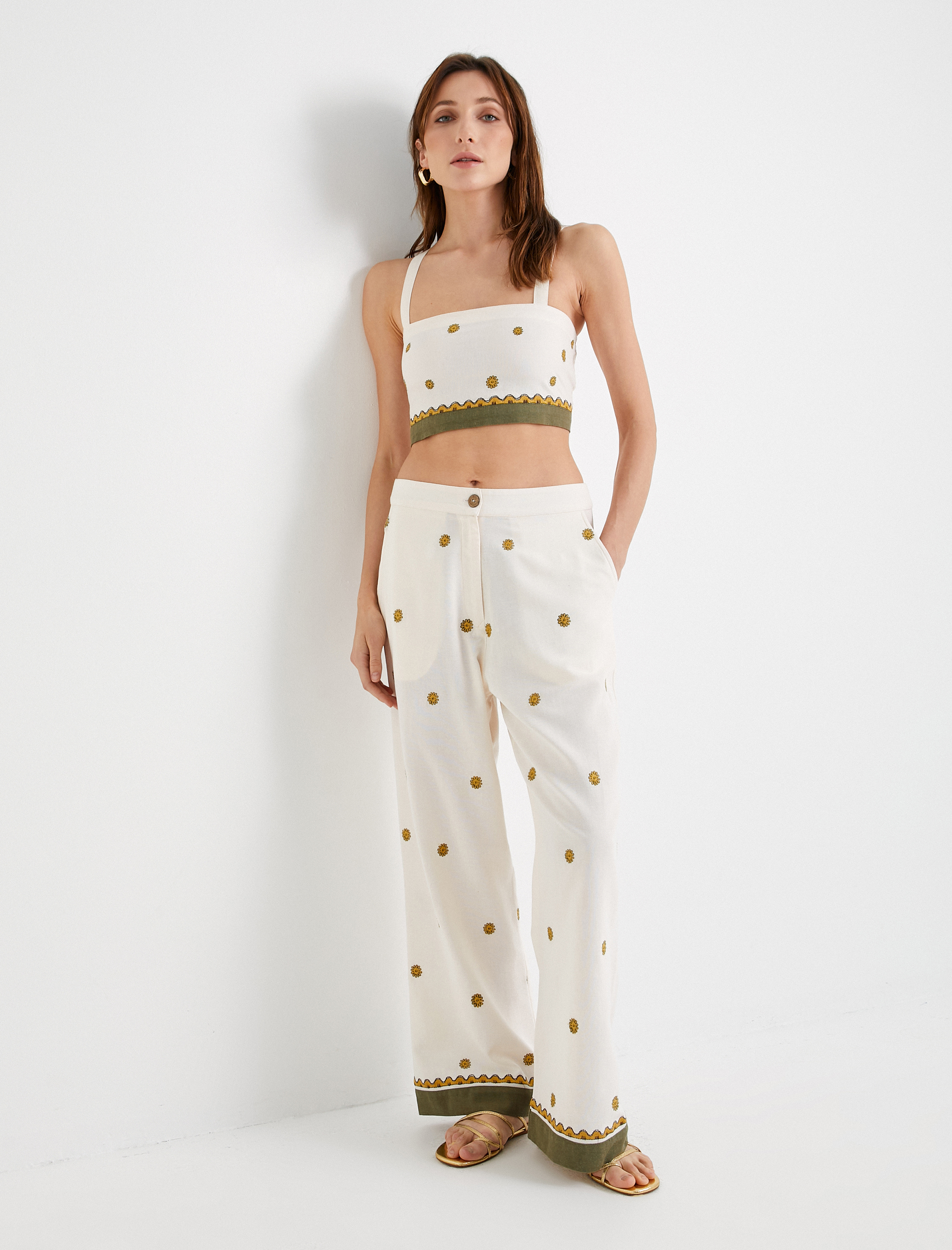   Bol Paça Pantolon Yüksek Bel Çiçekli Cepli Viskon Karışımlı