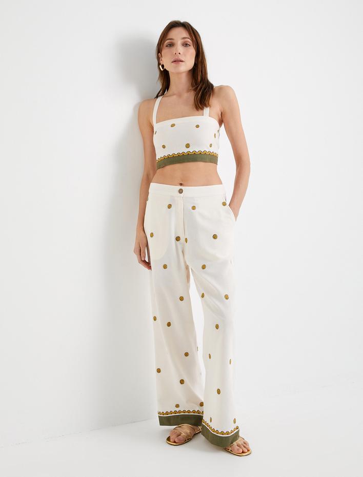  Bol Paça Pantolon Yüksek Bel Çiçekli Cepli Viskon Karışımlı