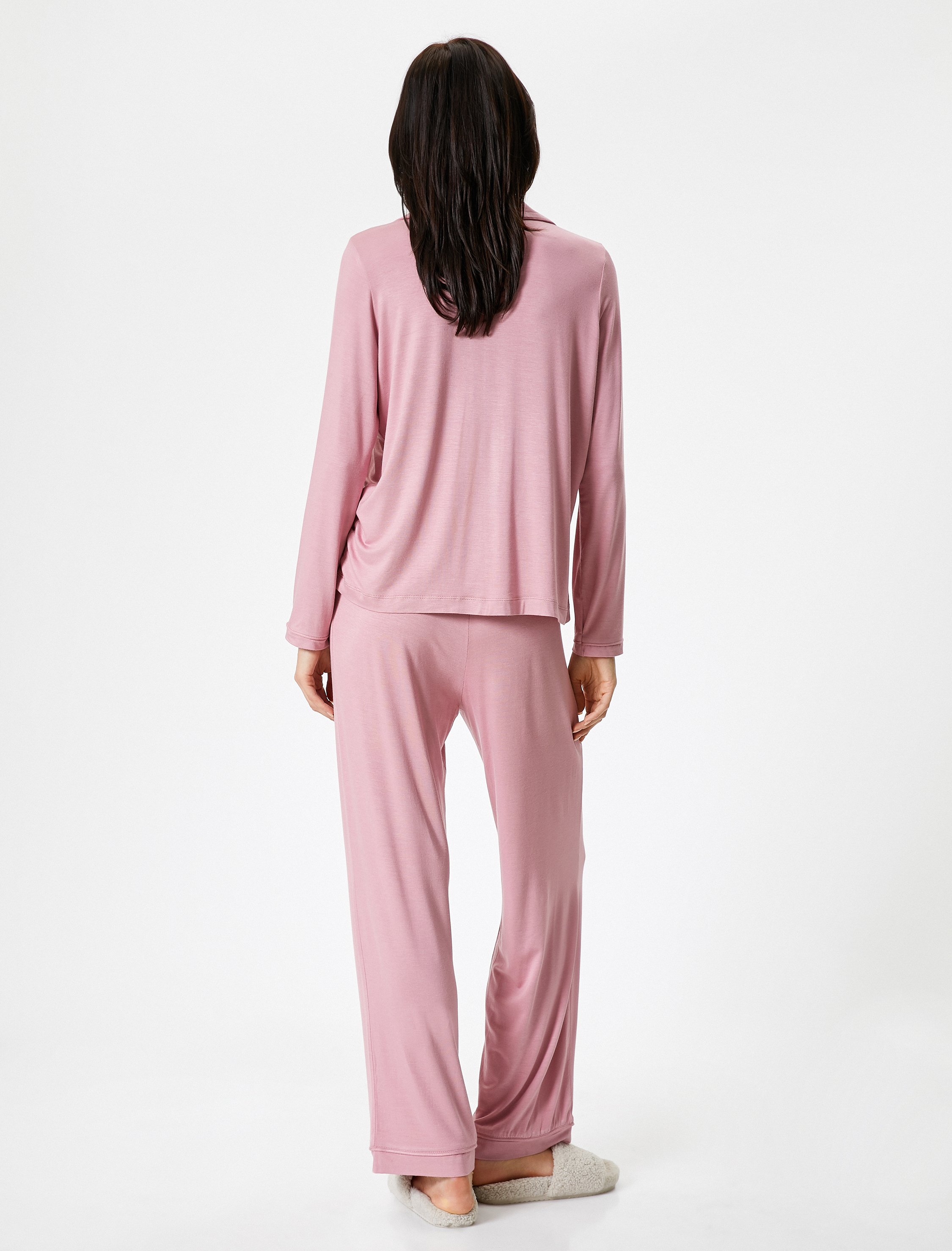   Düğmeli Pijama Takımı Uzun Kollu Cepli Düz Paça