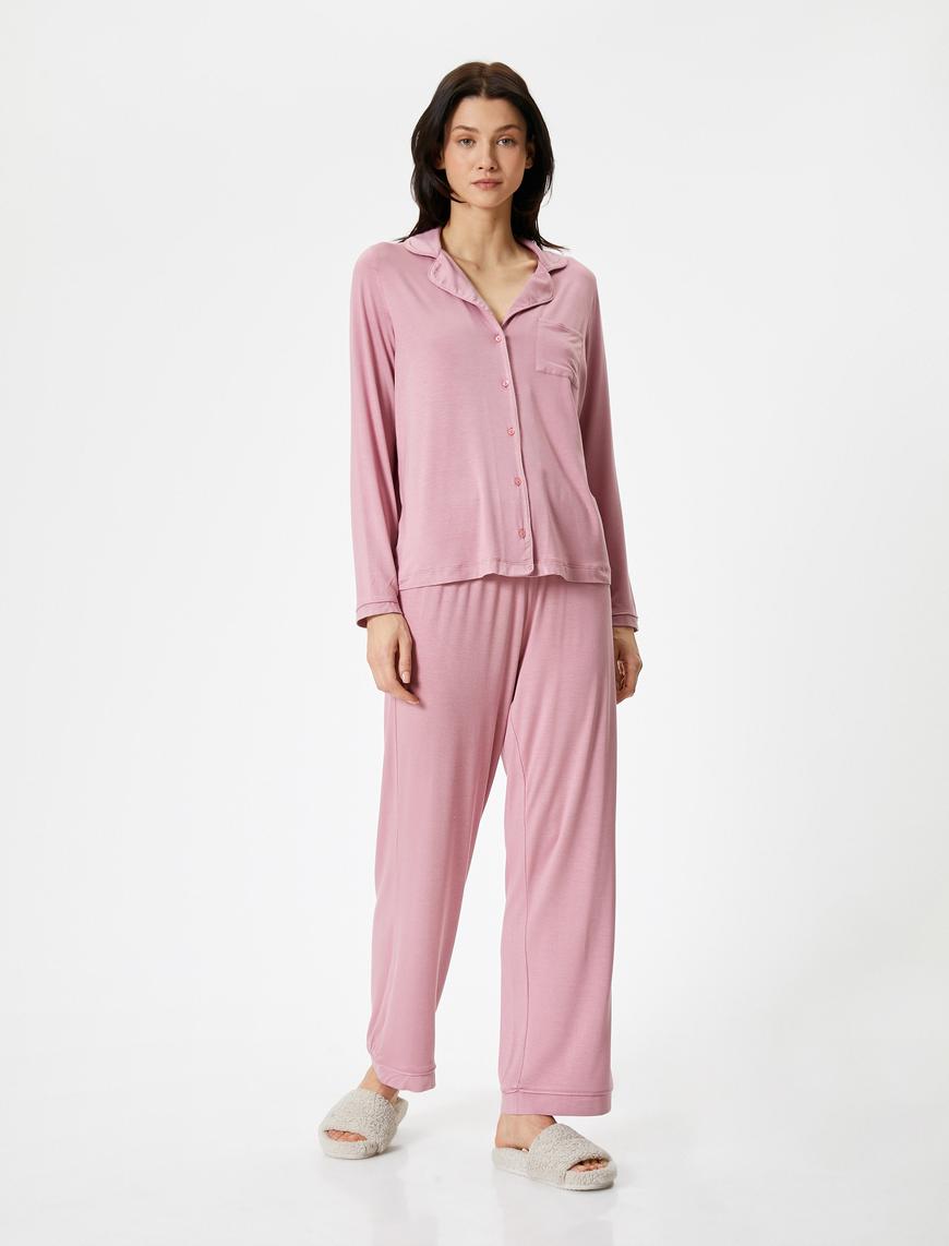   Düğmeli Pijama Takımı Uzun Kollu Cepli Düz Paça