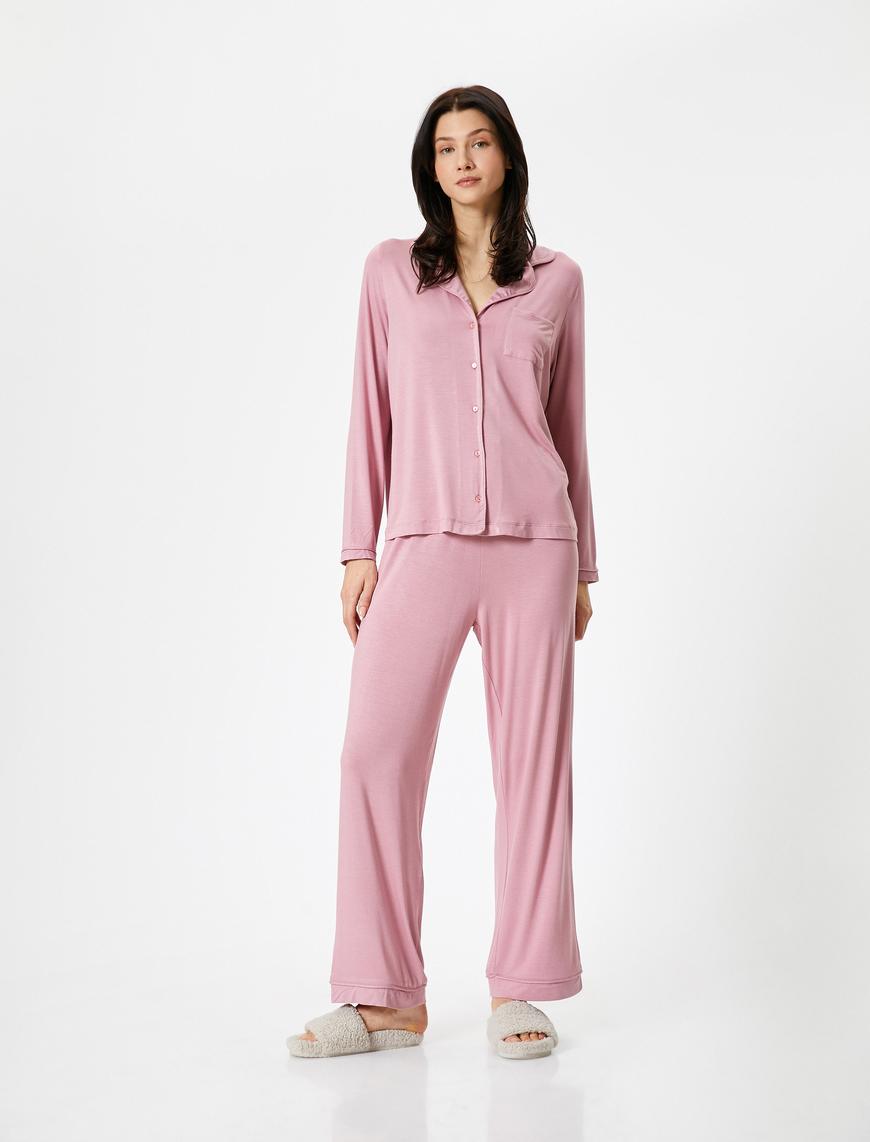   Düğmeli Pijama Takımı Uzun Kollu Cepli Düz Paça