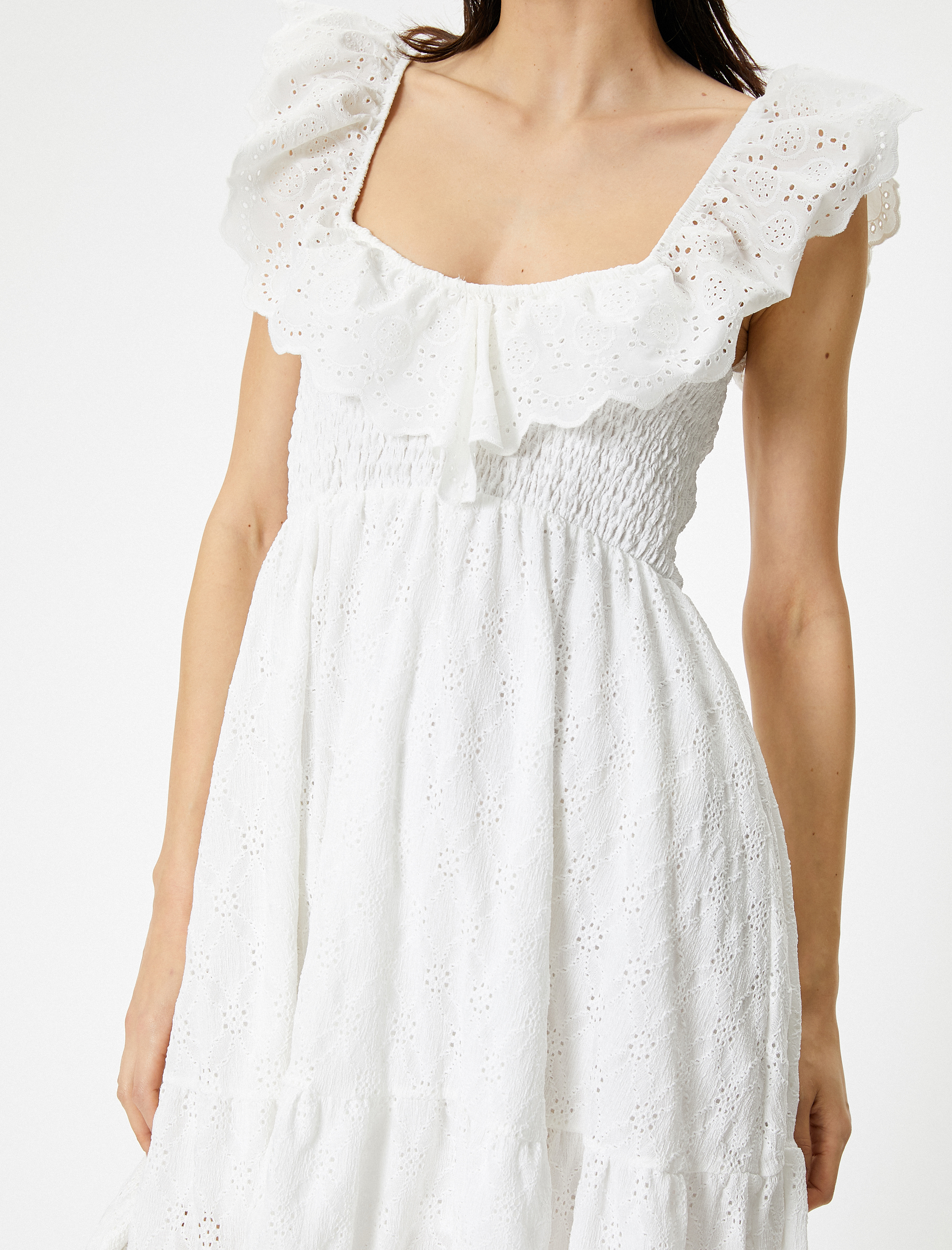   Mini Fisto Elbise Kare Yaka Fırfırlı Volanlı Gipeli