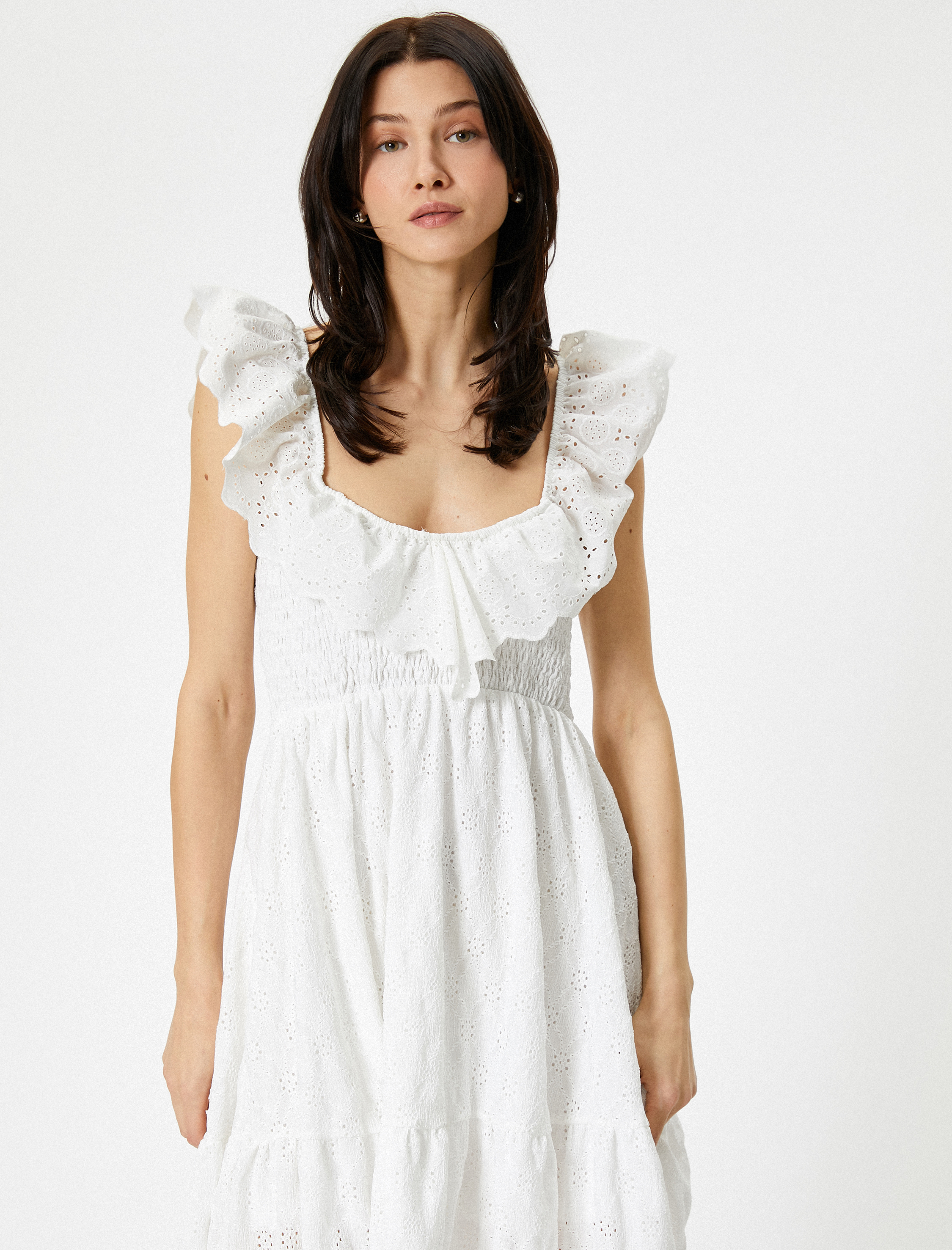   Mini Fisto Elbise Kare Yaka Fırfırlı Volanlı Gipeli