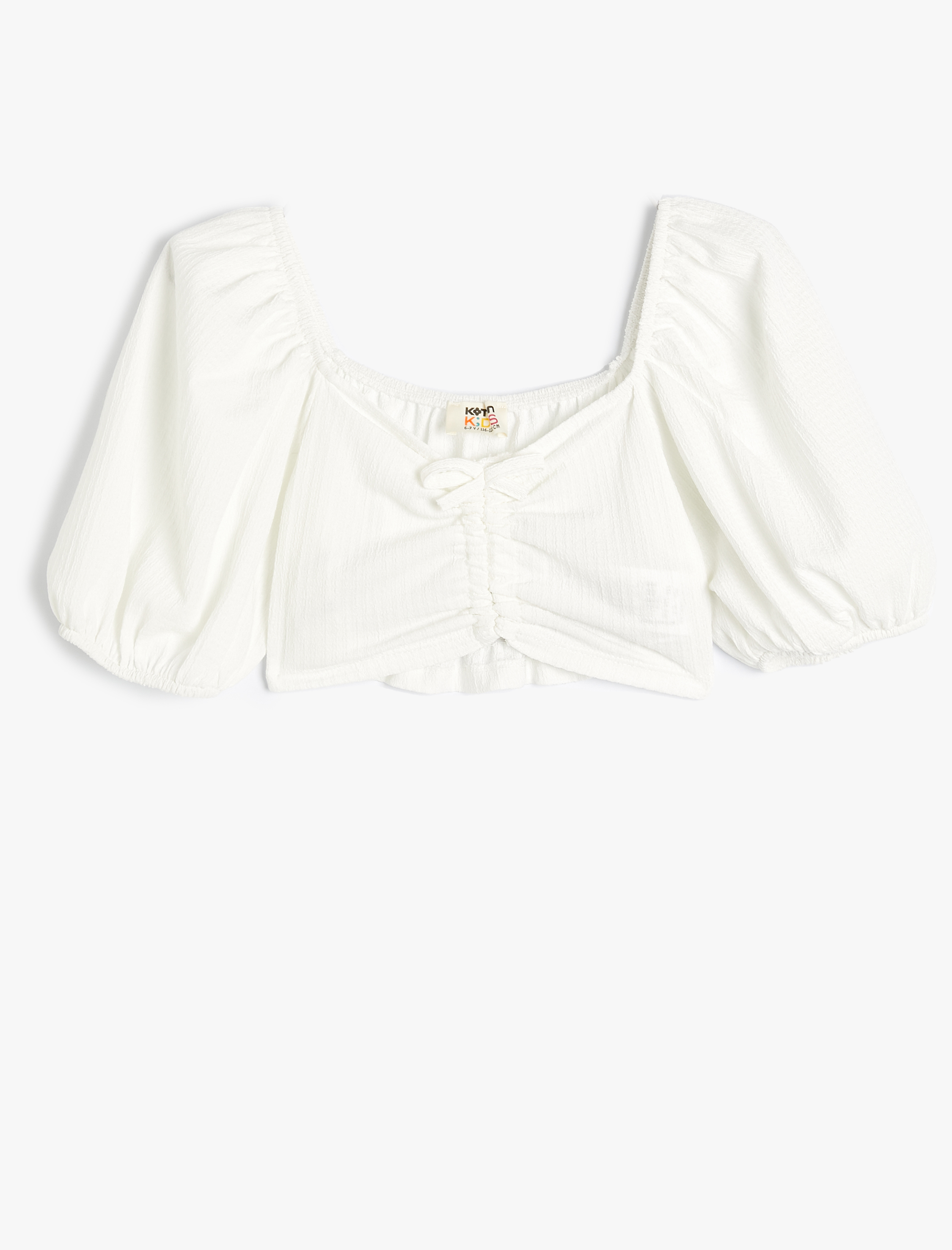  Kız Çocuk Crop Bluz Kısa Balon Kollu Önü Büzgülü