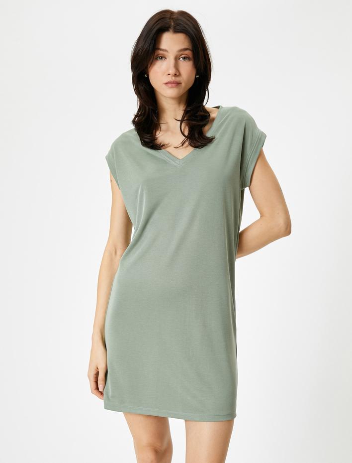  Mini Elbise Kısa Kollu V Yaka