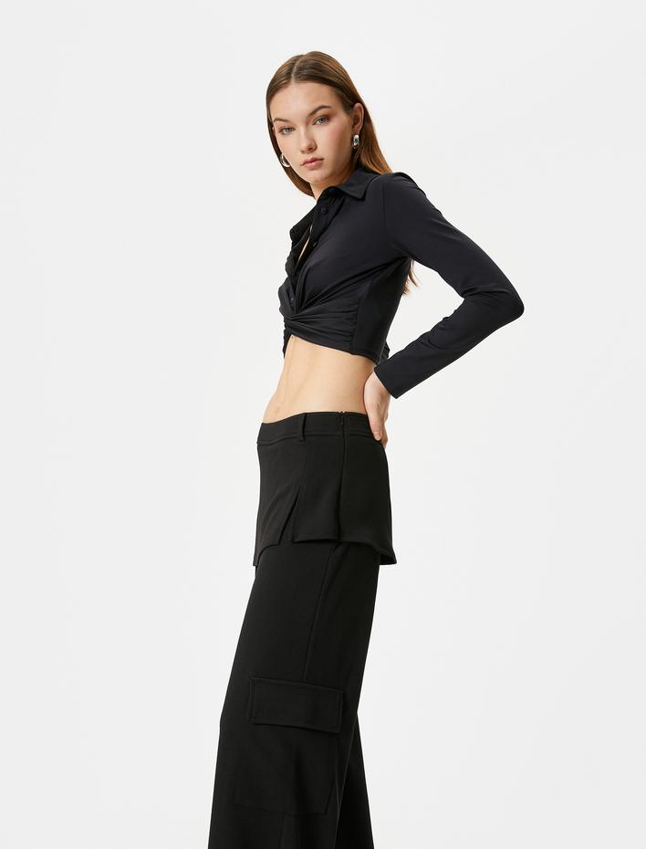  Kruvaze Düğüm Detaylı Crop Tişört Uzun Kollu Gömlek Yaka