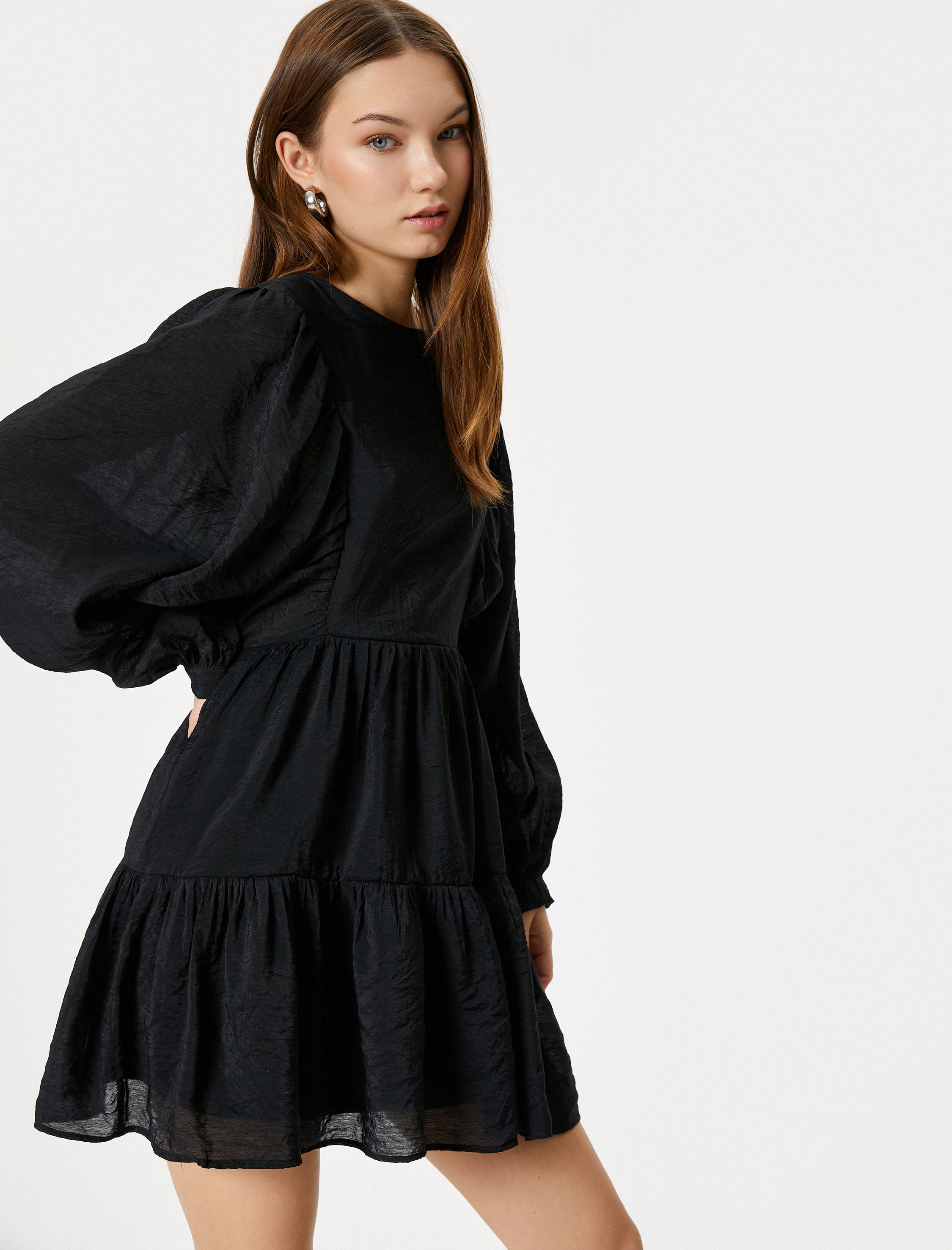   Balon Kol Mini Elbise Uzun Kollu Yuvarlak Yaka Astarlı Katlı