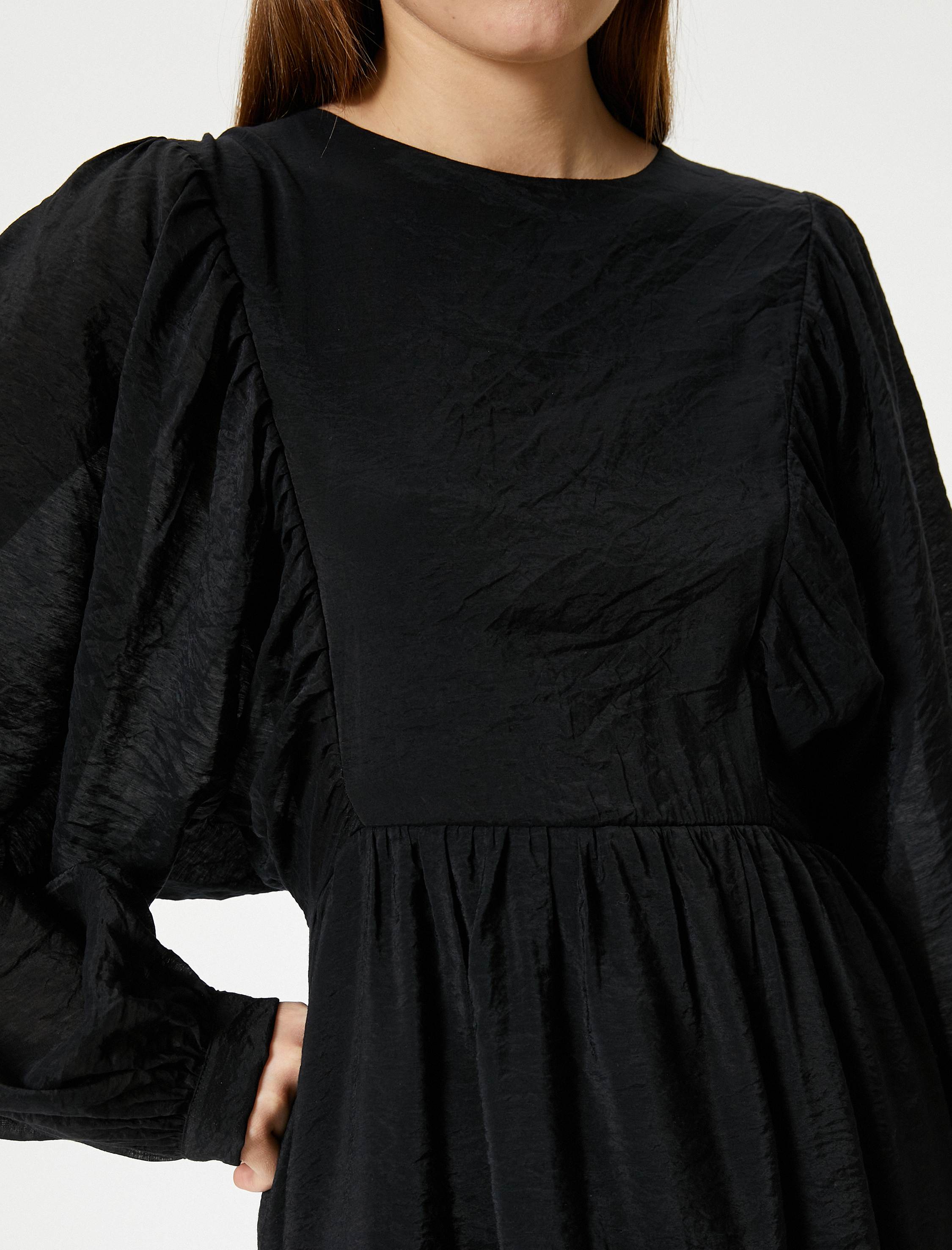   Balon Kol Mini Elbise Uzun Kollu Yuvarlak Yaka Astarlı Katlı