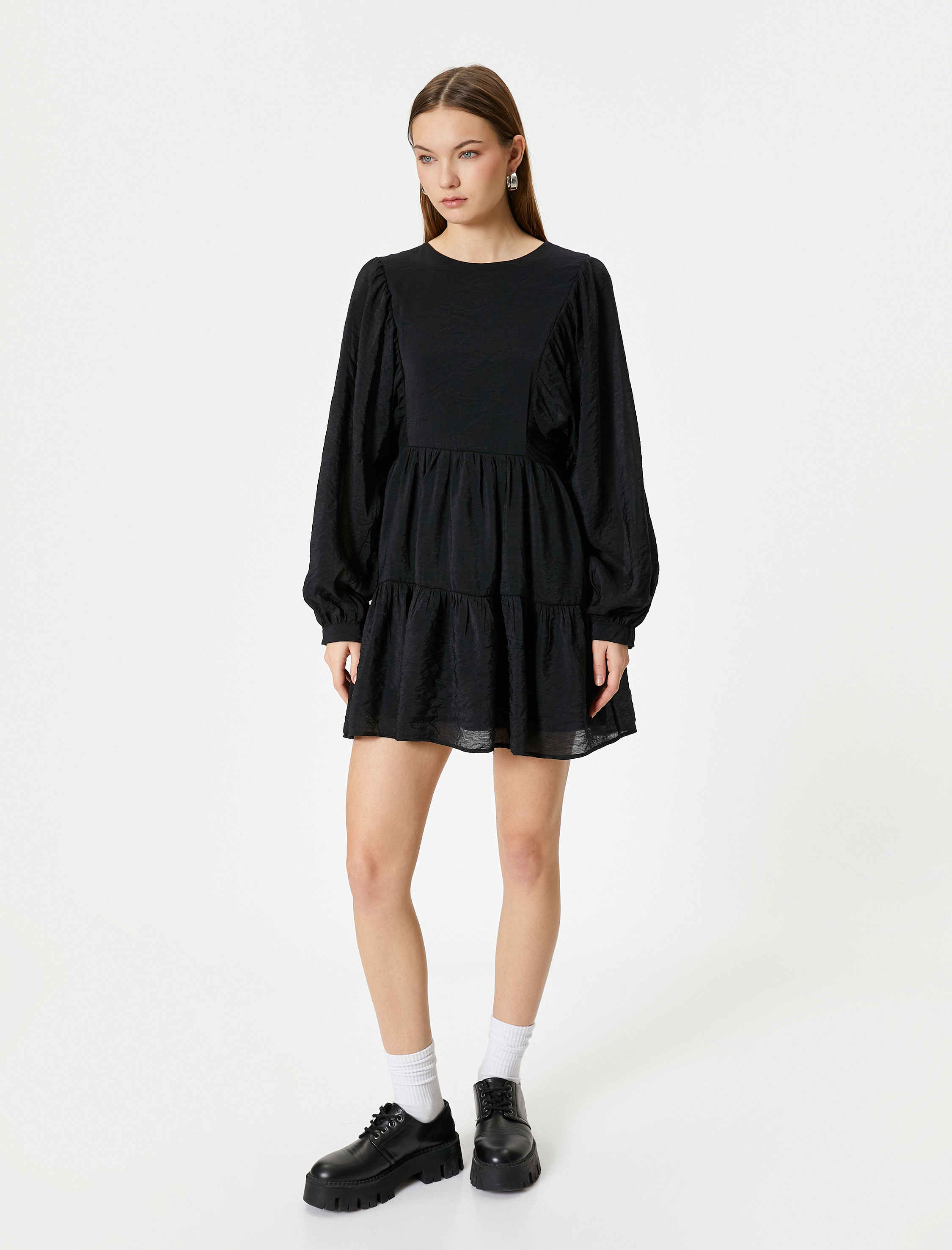   Balon Kol Mini Elbise Uzun Kollu Yuvarlak Yaka Astarlı Katlı