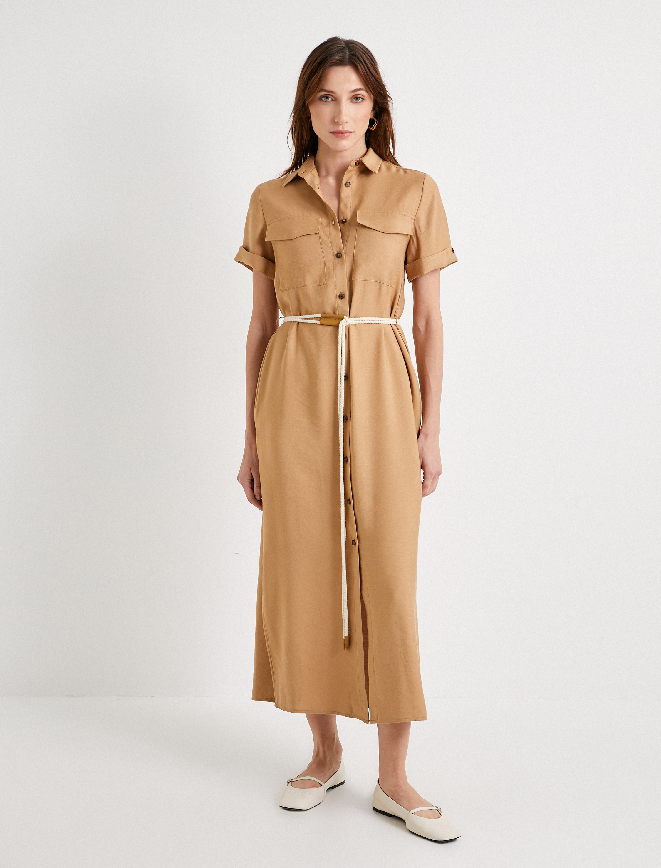   Gömlek Elbise Viskon Kısa Kollu Düğmeli Kemer Detaylı