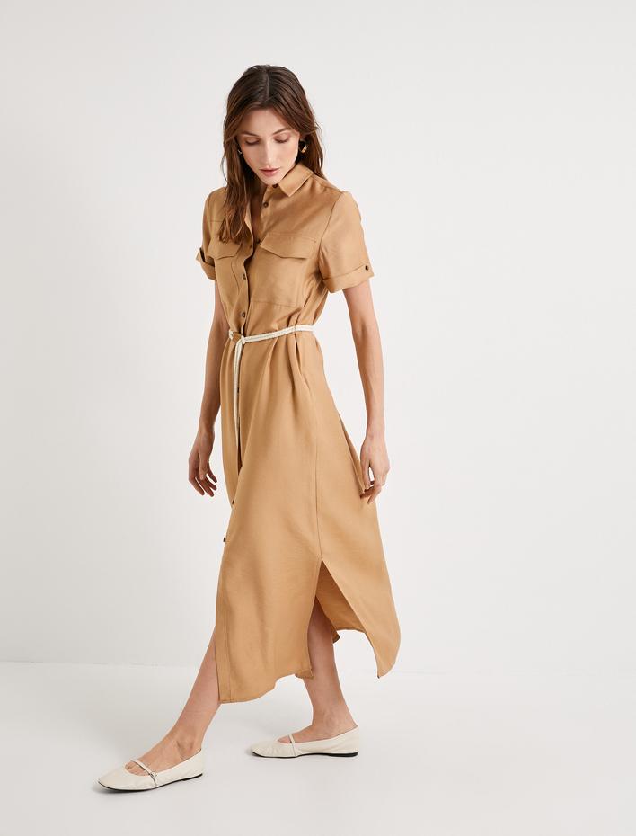  Gömlek Elbise Viskon Kısa Kollu Düğmeli Kemer Detaylı