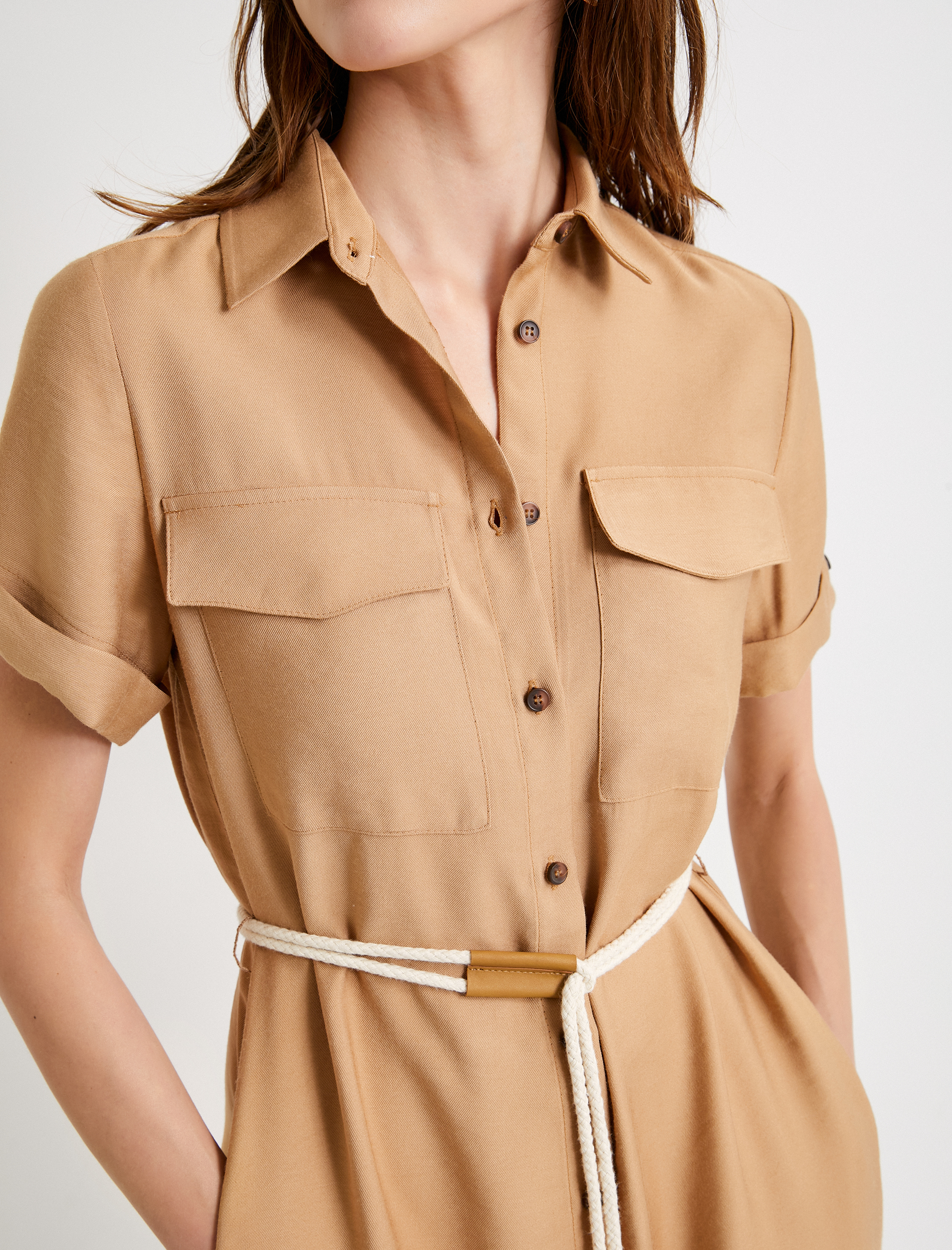   Gömlek Elbise Viskon Kısa Kollu Düğmeli Kemer Detaylı