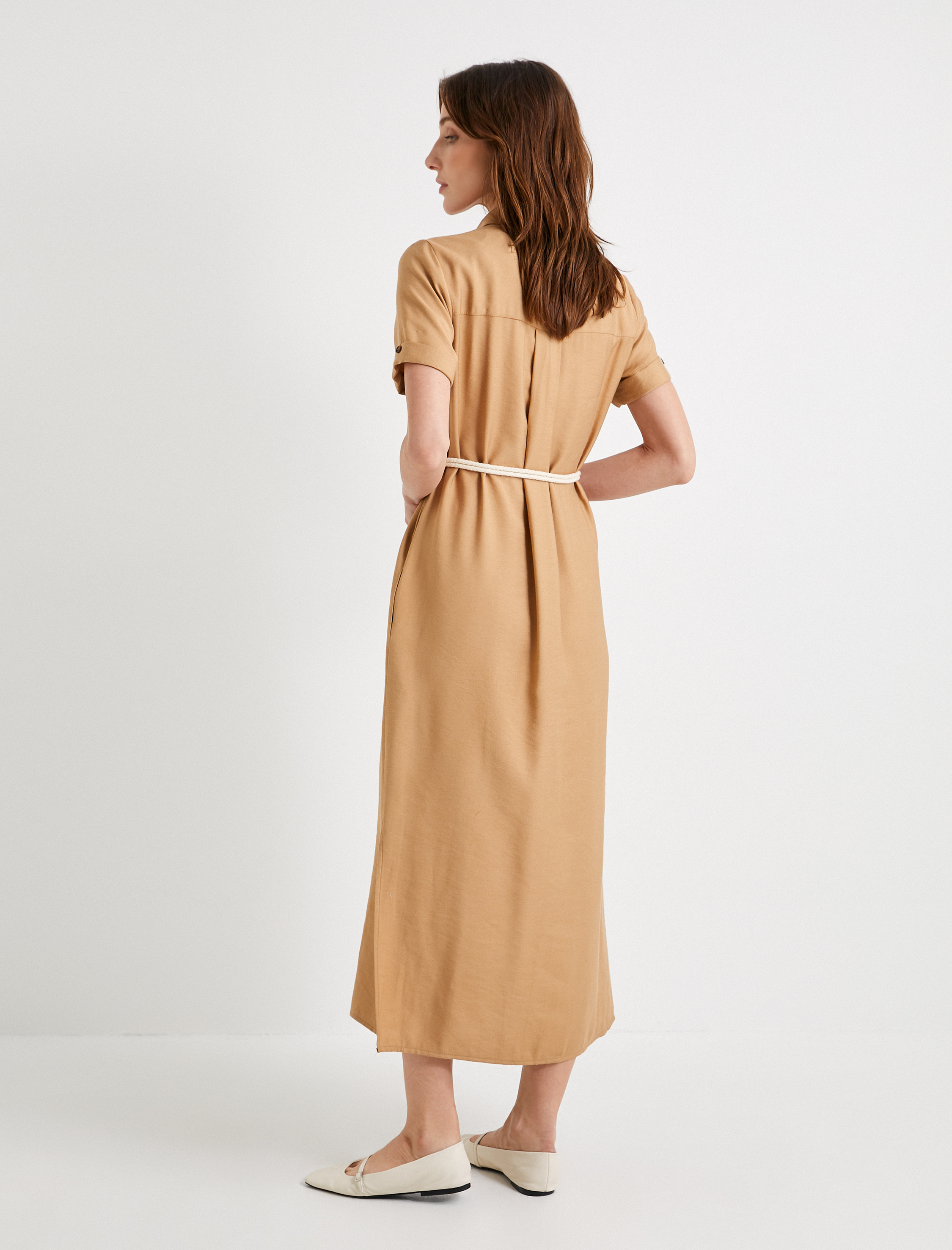   Gömlek Elbise Viskon Kısa Kollu Düğmeli Kemer Detaylı