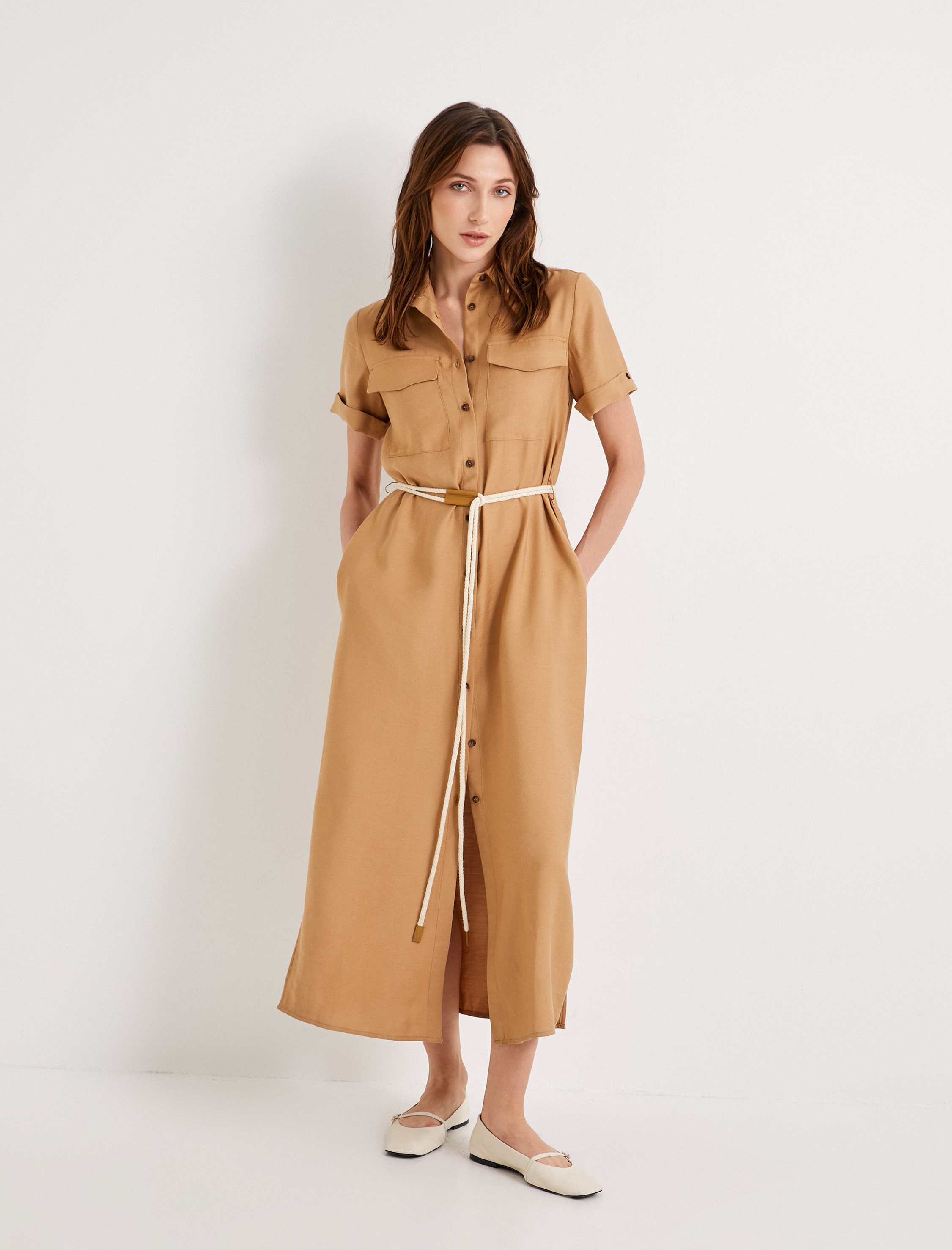   Gömlek Elbise Viskon Kısa Kollu Düğmeli Kemer Detaylı