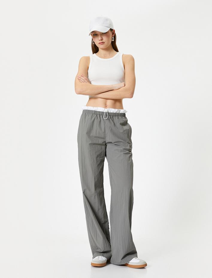  Bol Paça Pantolon Çift Bel Detaylı Bel Lastikli Paraşüt Kumaş Rahat Kalıp