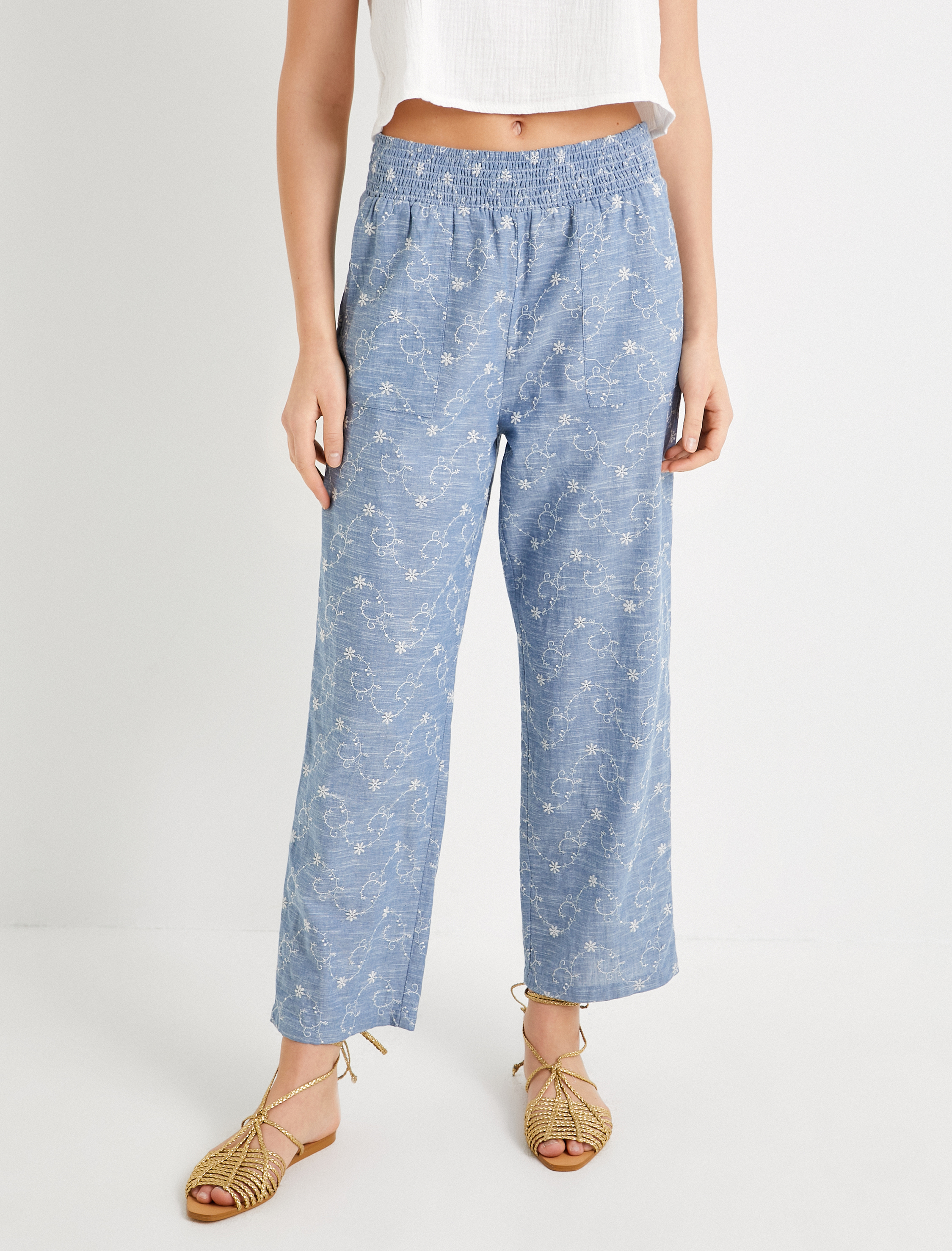   Culotte Pantolon Beli Lastikli Cep Detaylı Çiçek İşlemeli