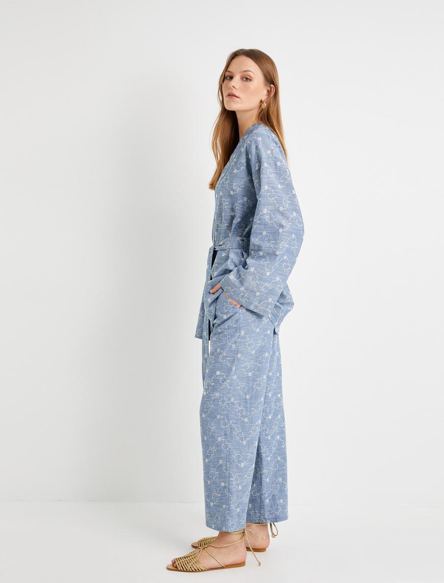   Culotte Pantolon Beli Lastikli Cep Detaylı Çiçek İşlemeli