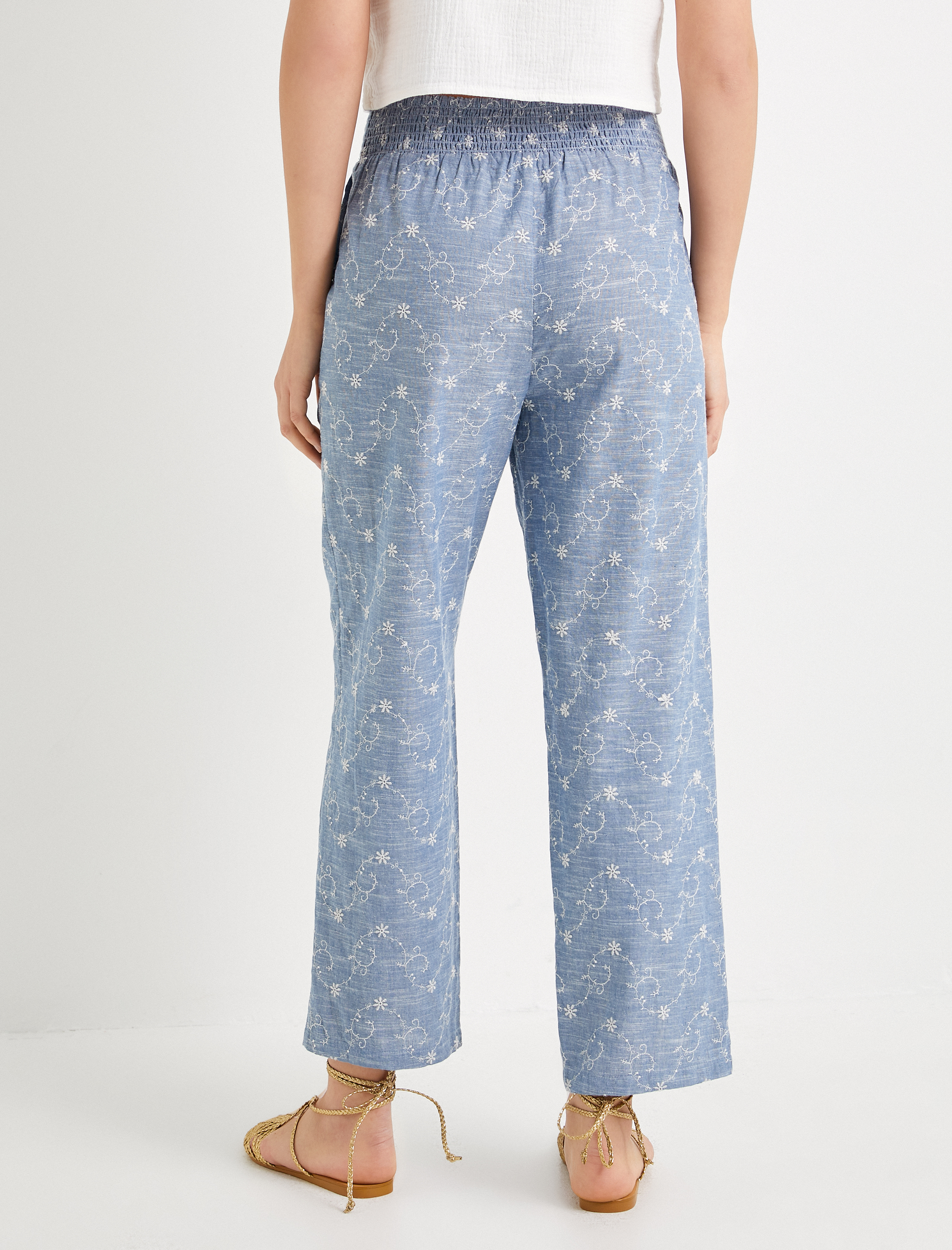   Culotte Pantolon Beli Lastikli Cep Detaylı Çiçek İşlemeli