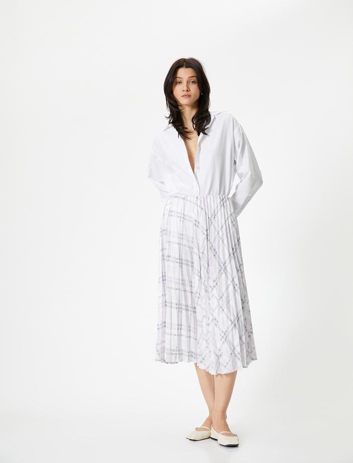  Midi Pileli Etek Kareli Normal Bel