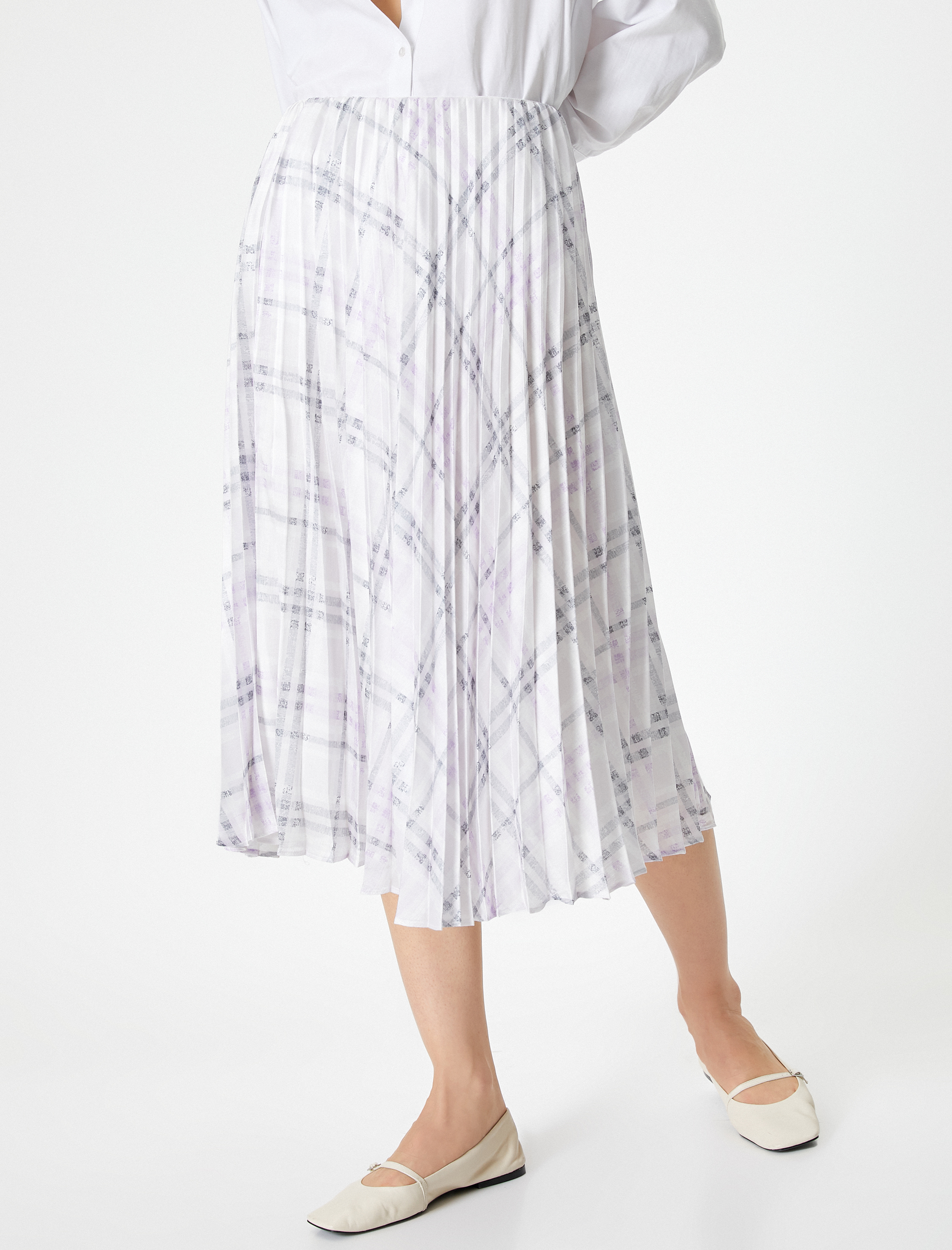   Midi Pileli Etek Kareli Normal Bel