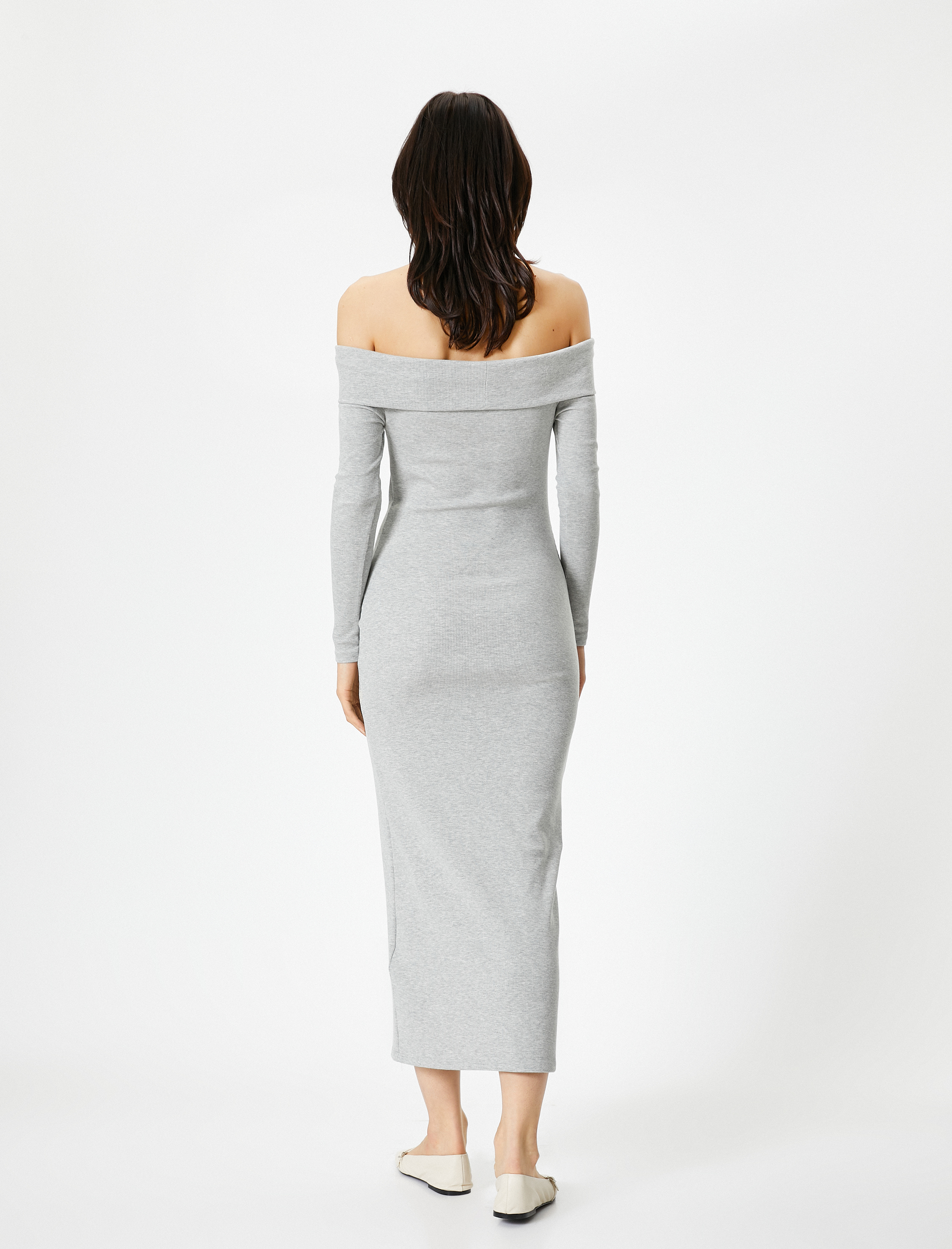   Uzun Elbise Omzu Açık Uzun Kollu Fitilli