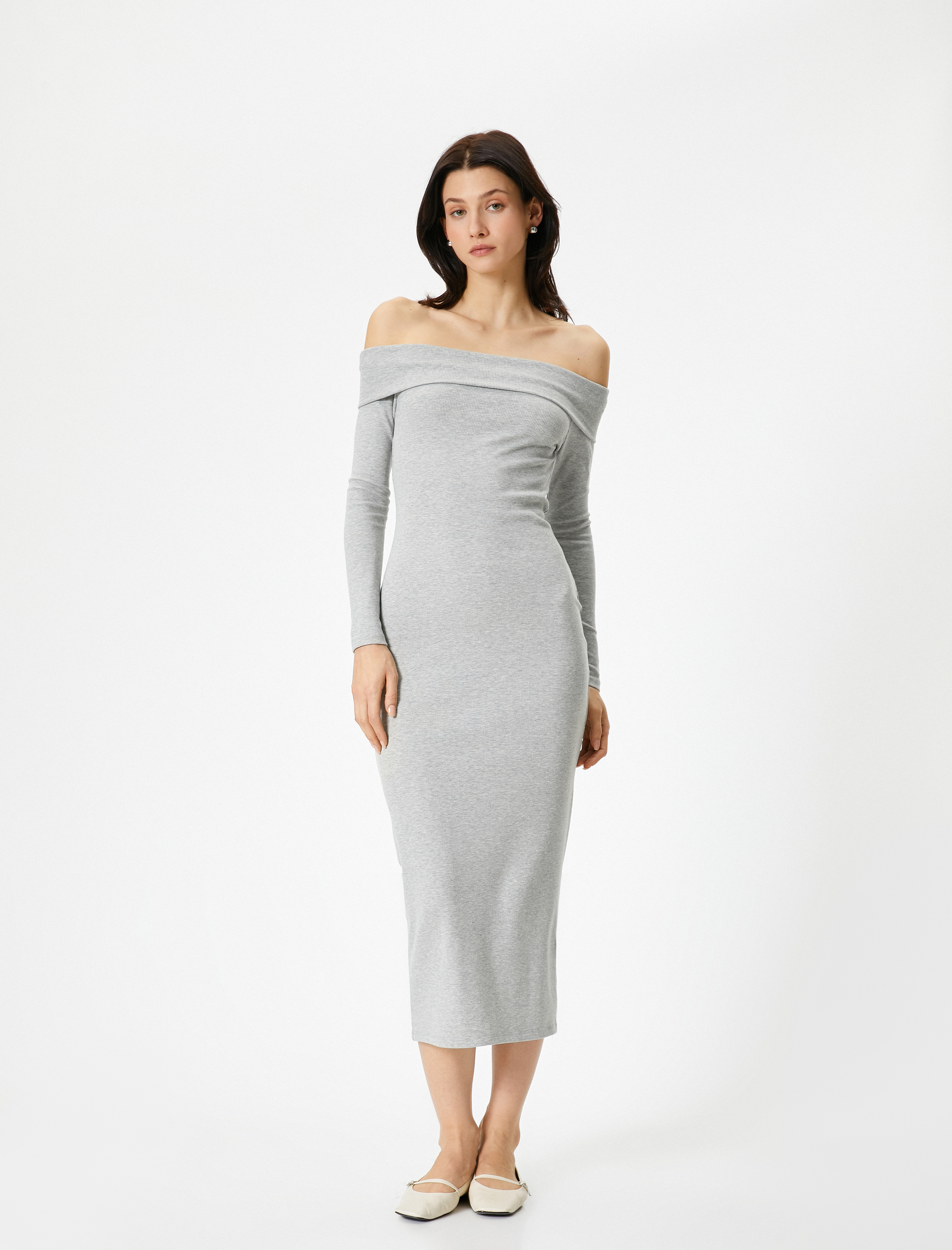   Uzun Elbise Omzu Açık Uzun Kollu Fitilli