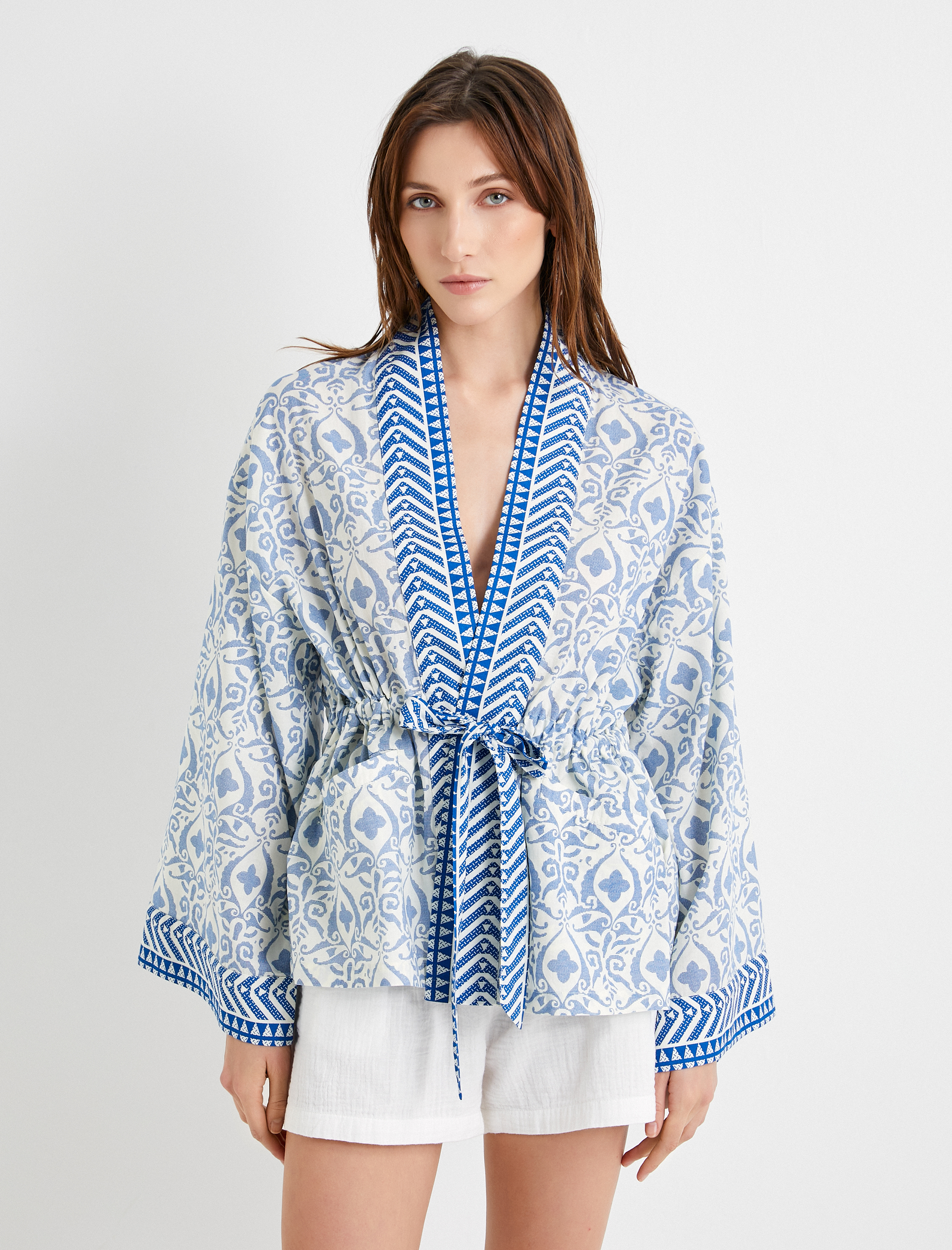   Kimono Bol Kalıp Desenli Pamuklu