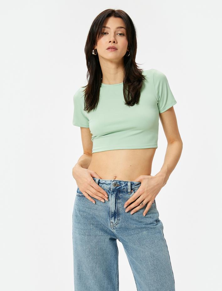  Crop Tişört Bisiklet Yaka Kısa Kollu Slim Fit